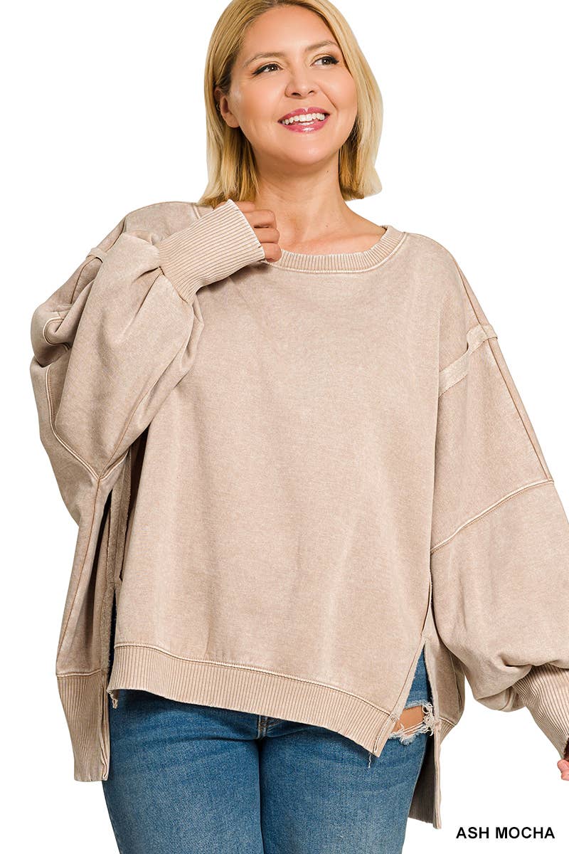 Plus Acid Washed Batwing Sleeve Hi Low Fleece Sweatshirt