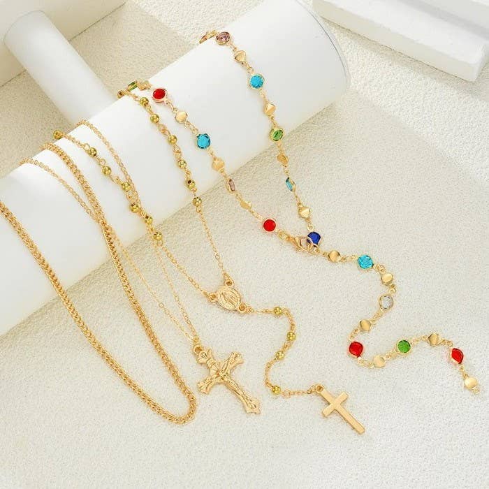 Boho Multi Stone Cross Lariat Necklace
