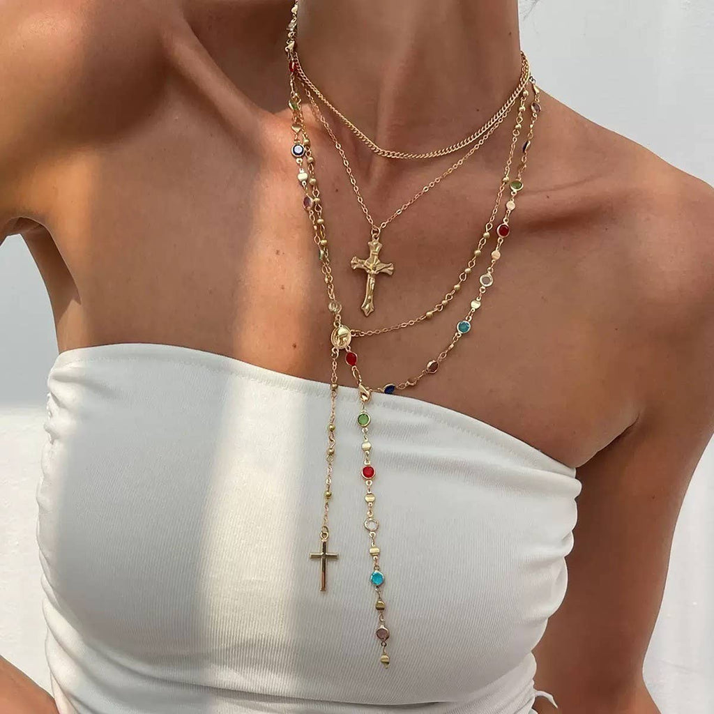 Boho Multi Stone Cross Lariat Necklace
