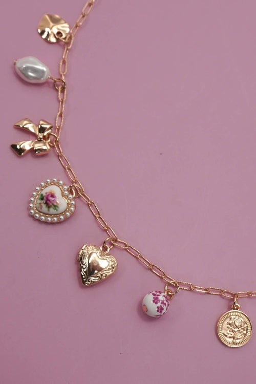 CERAMIC PORCELAIN BOW HEART CHARM LINK NECKLACE