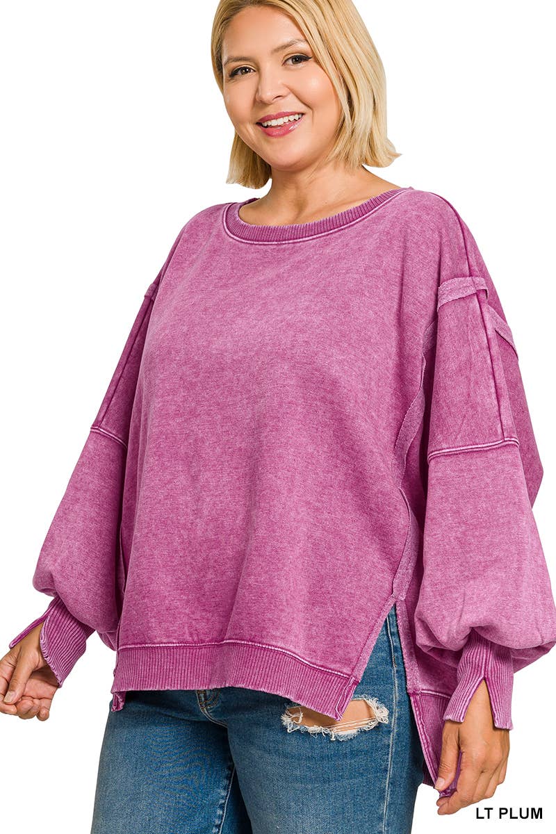Plus Acid Washed Batwing Sleeve Hi Low Fleece Sweatshirt