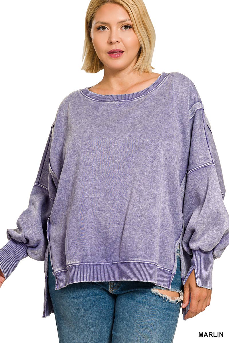 Plus Acid Washed Batwing Sleeve Hi Low Fleece Sweatshirt