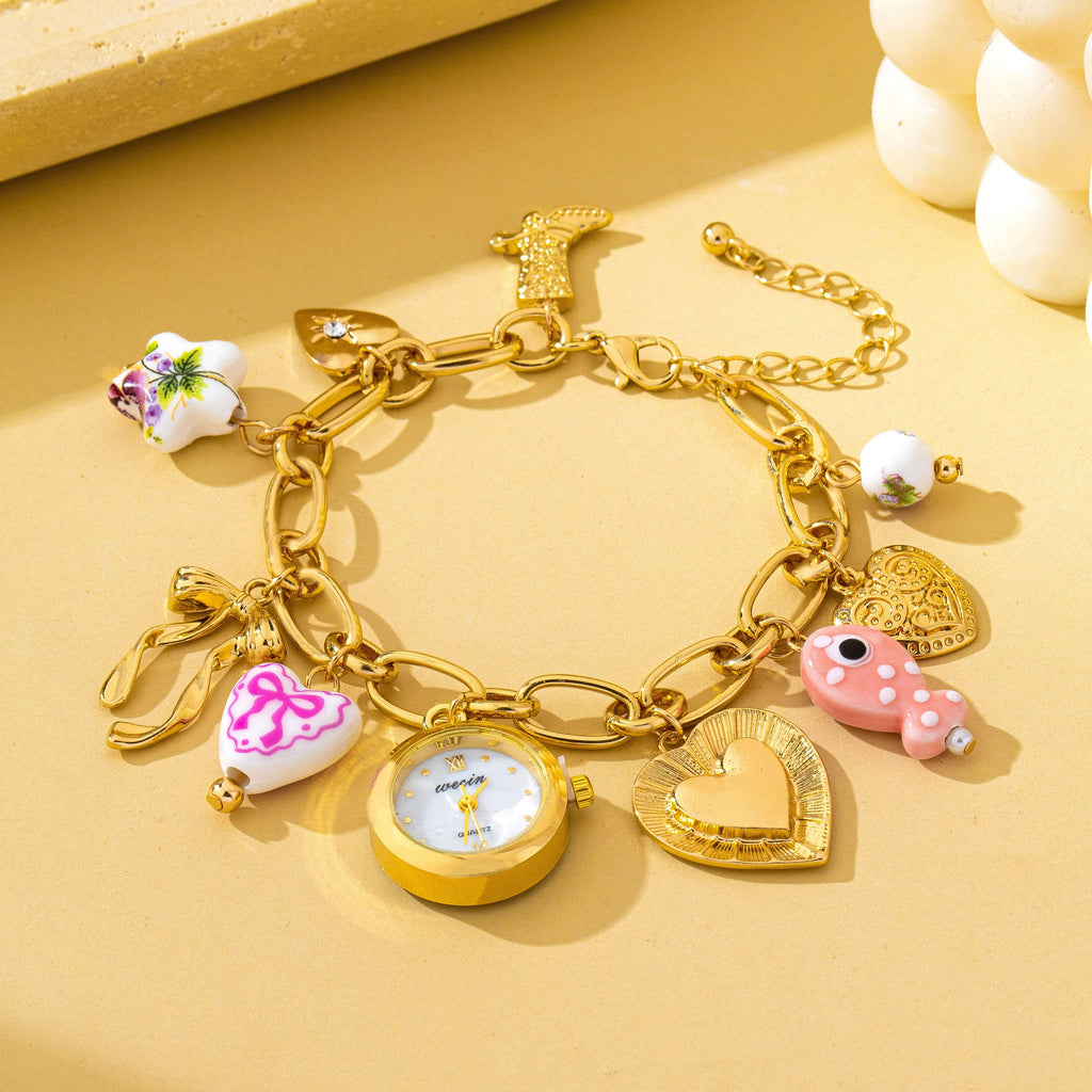 Vintage Pink Polka Dot Charm Watch Bracelet