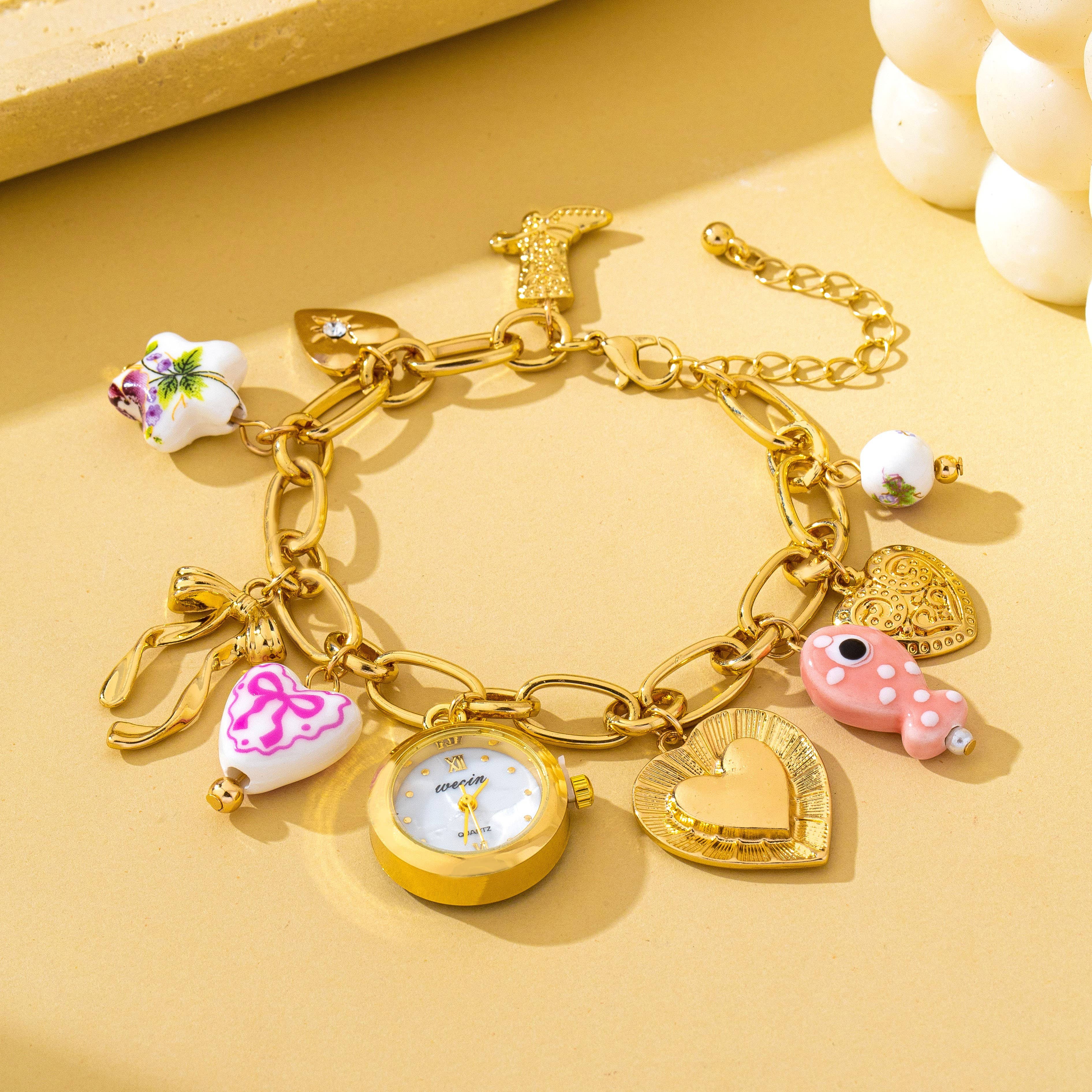Vintage Pink Polka Dot Charm Watch Bracelet