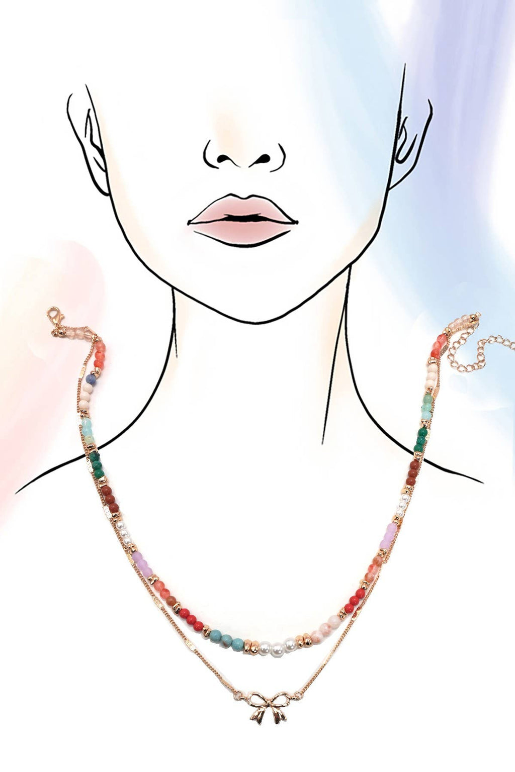 MULTI BEADED BOW CHARM DOUBLE LAYER NECKLACE |