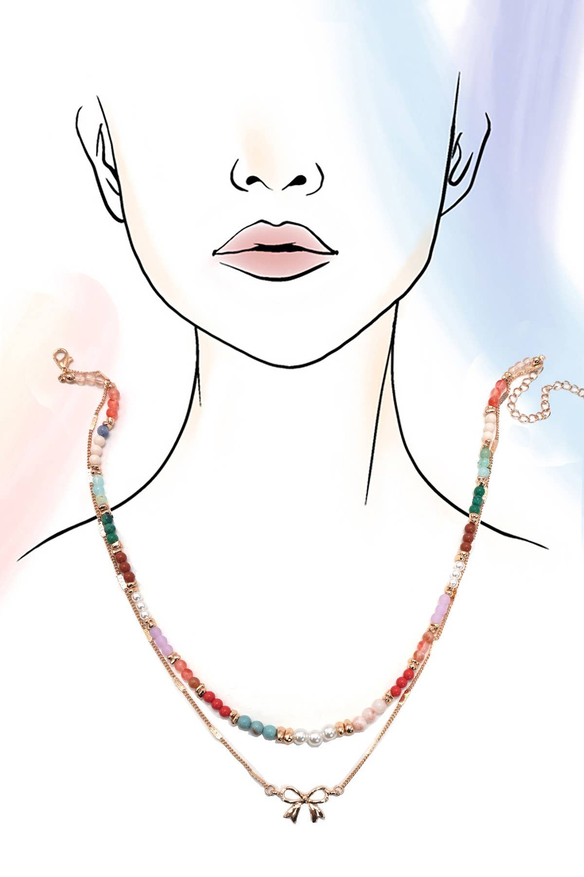 MULTI BEADED BOW CHARM DOUBLE LAYER NECKLACE |