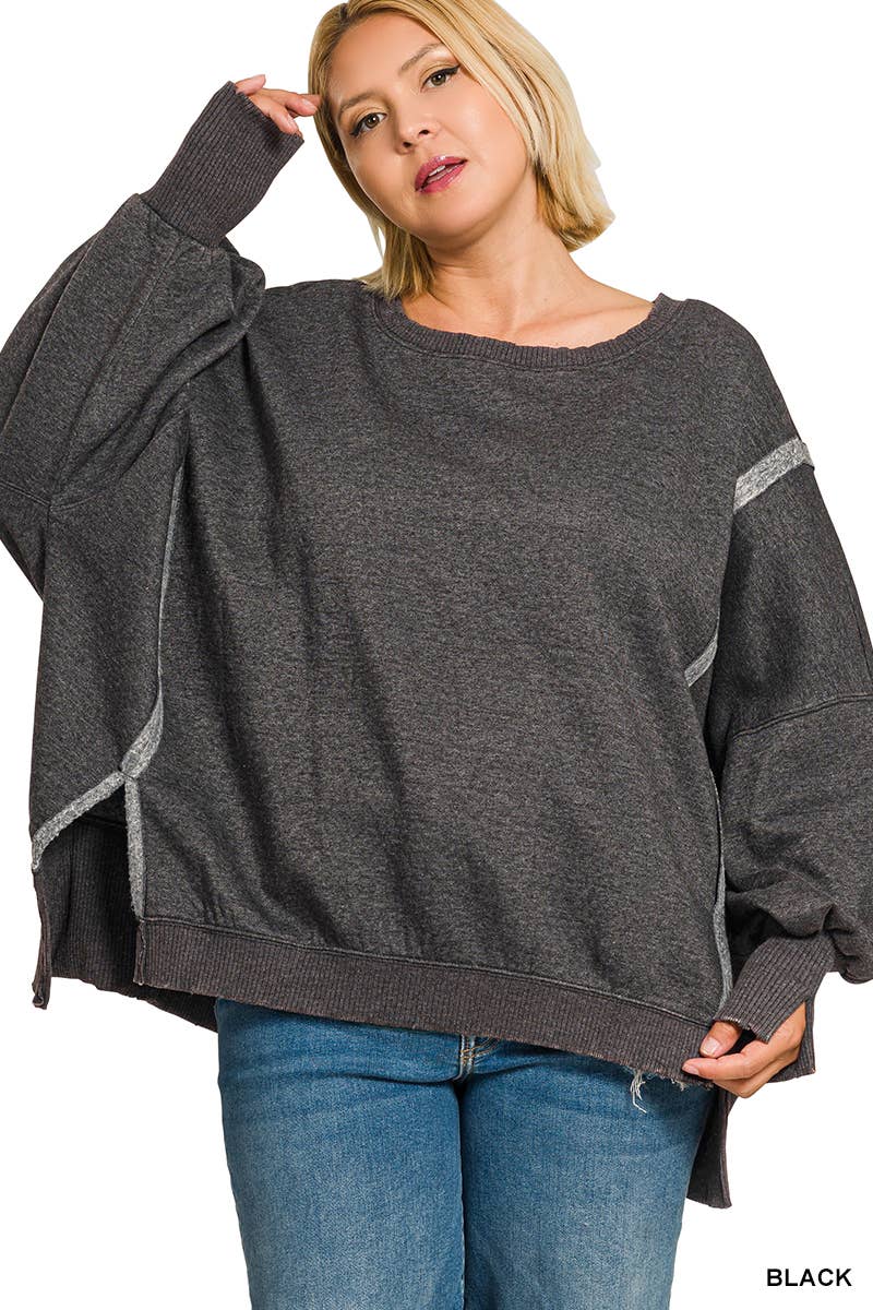 Plus Acid Washed Batwing Sleeve Hi Low Fleece Sweatshirt