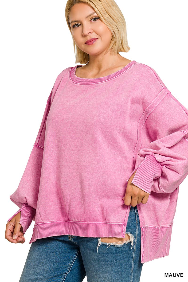 Plus Acid Washed Batwing Sleeve Hi Low Fleece Sweatshirt