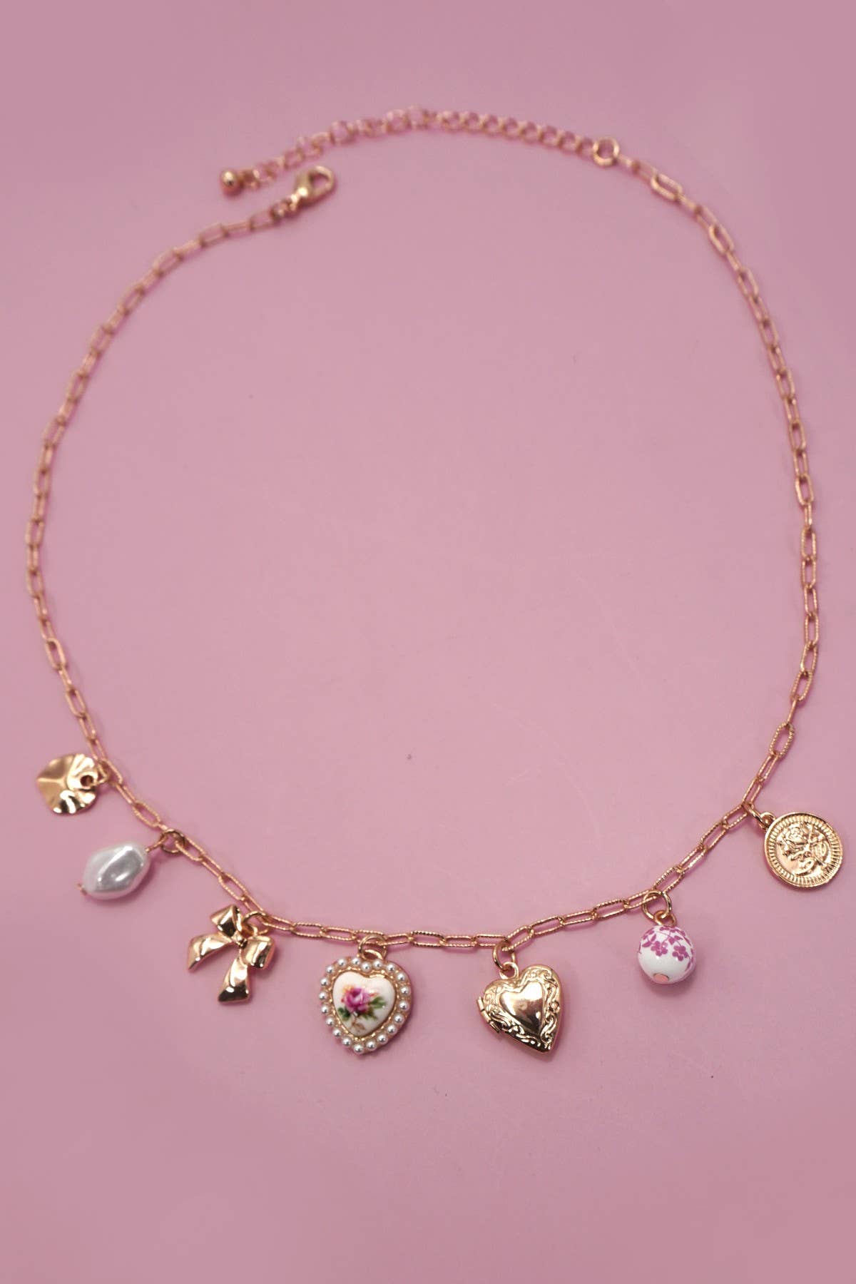 CERAMIC PORCELAIN BOW HEART CHARM LINK NECKLACE