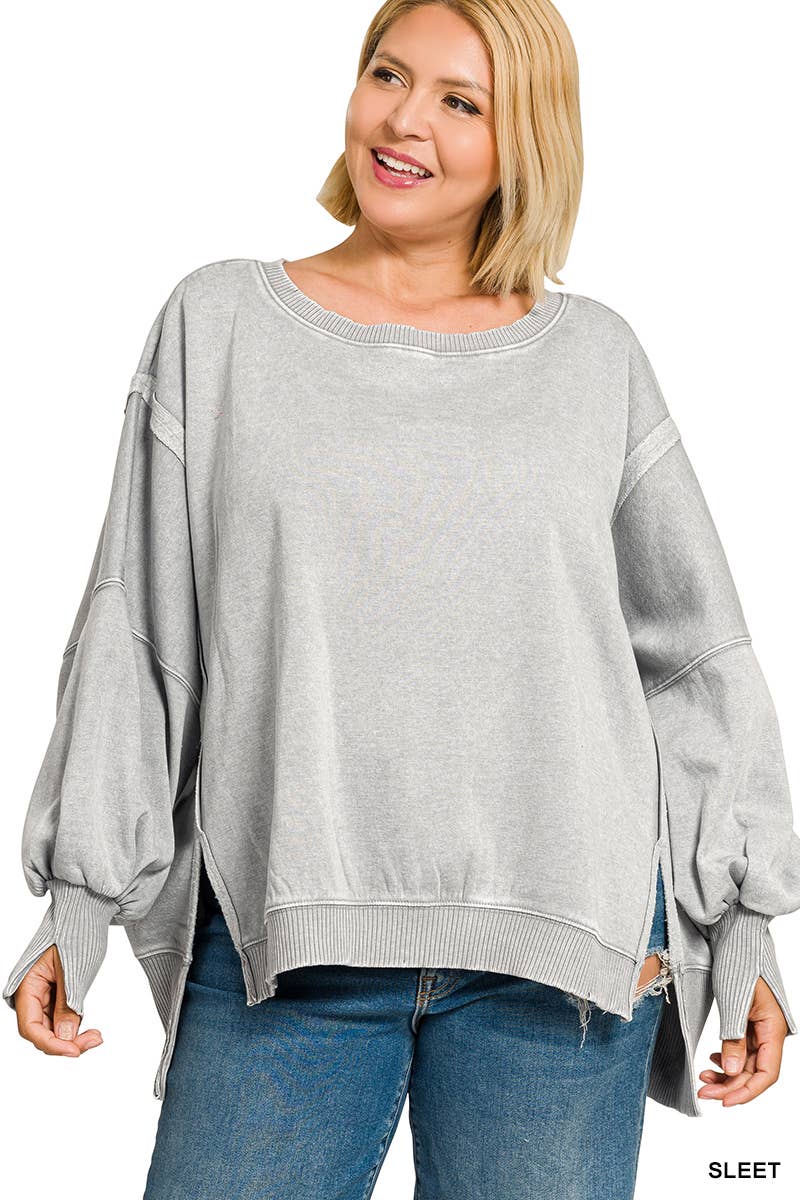 Plus Acid Washed Batwing Sleeve Hi Low Fleece Sweatshirt