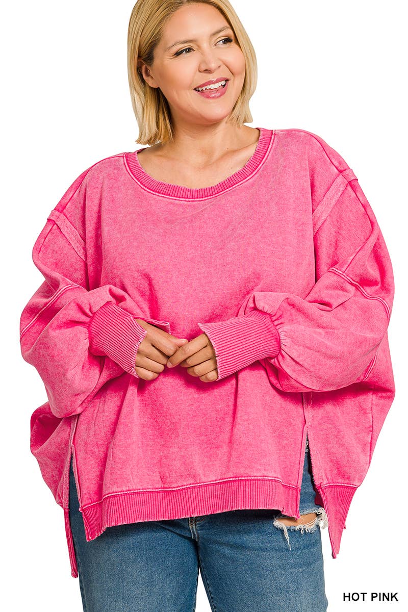 Plus Acid Washed Batwing Sleeve Hi Low Fleece Sweatshirt