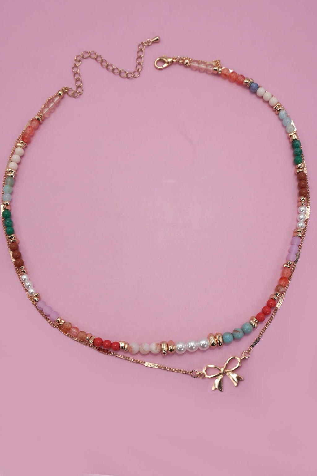 MULTI BEADED BOW CHARM DOUBLE LAYER NECKLACE |