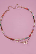 MULTI BEADED BOW CHARM DOUBLE LAYER NECKLACE |