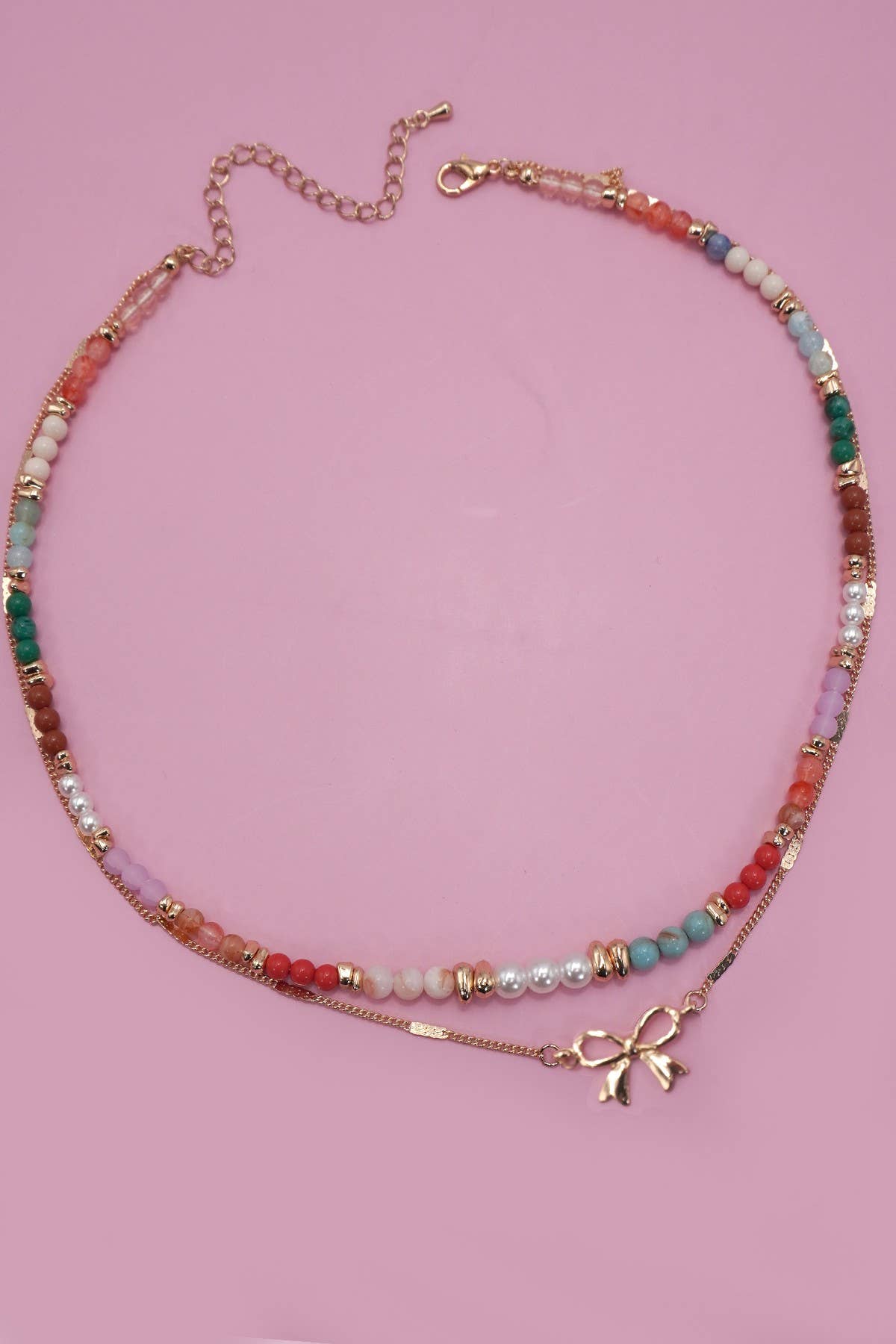 MULTI BEADED BOW CHARM DOUBLE LAYER NECKLACE |