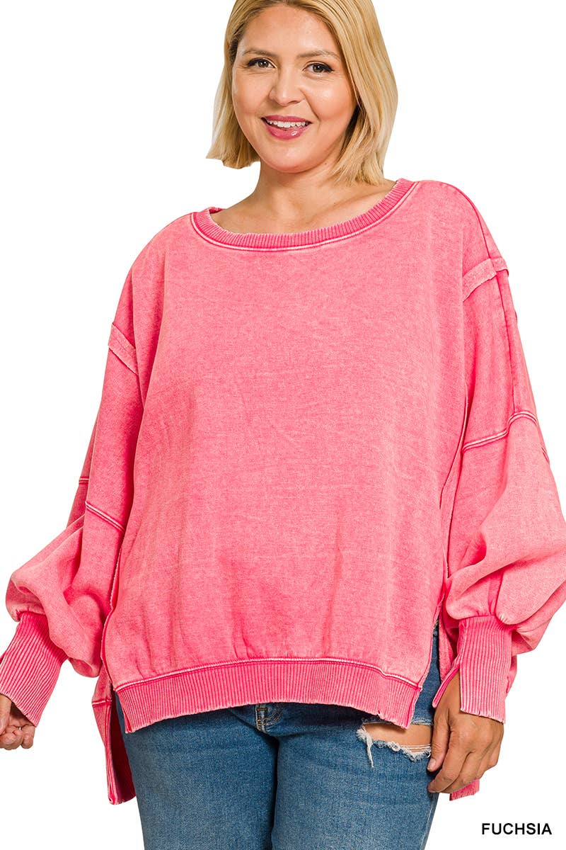Plus Acid Washed Batwing Sleeve Hi Low Fleece Sweatshirt