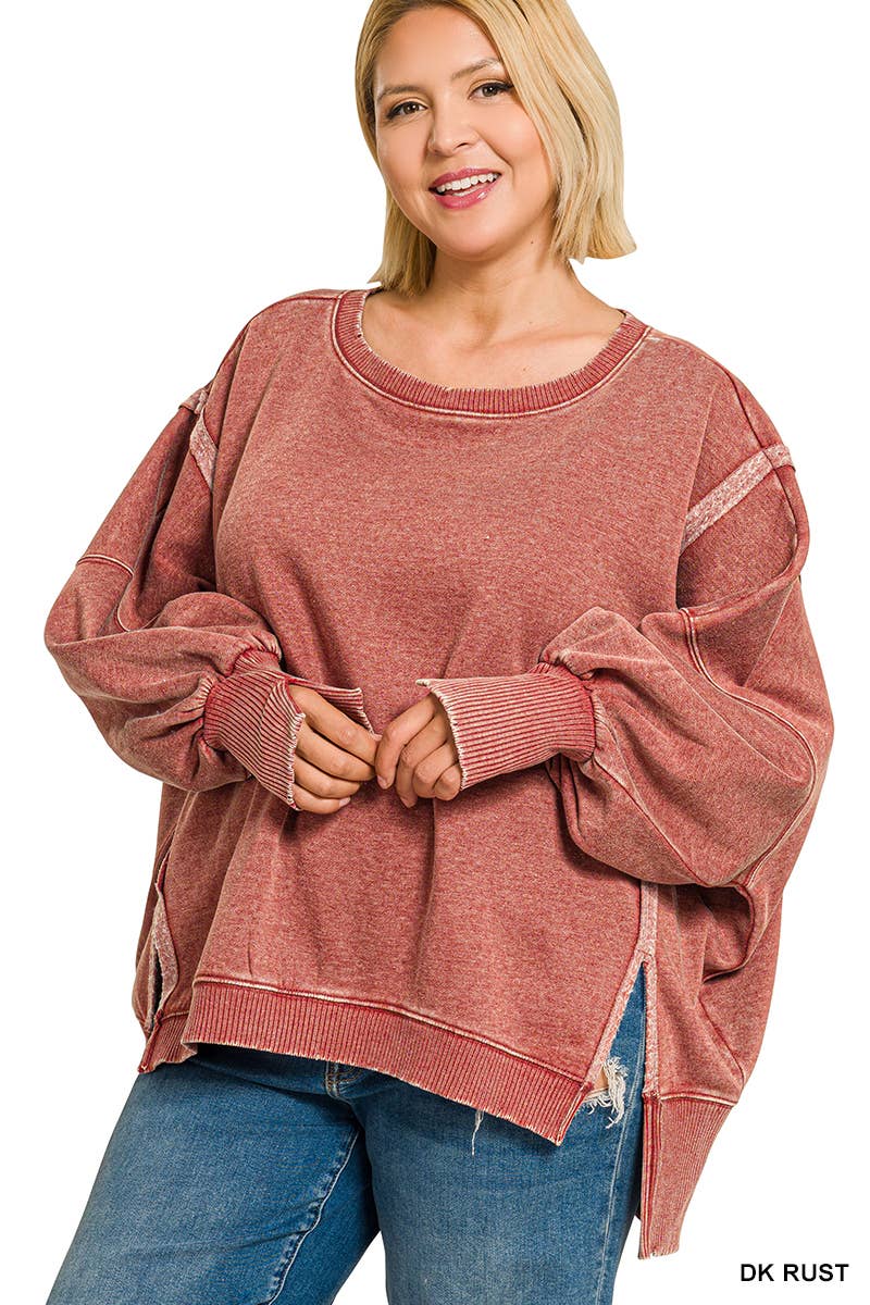 Plus Acid Washed Batwing Sleeve Hi Low Fleece Sweatshirt