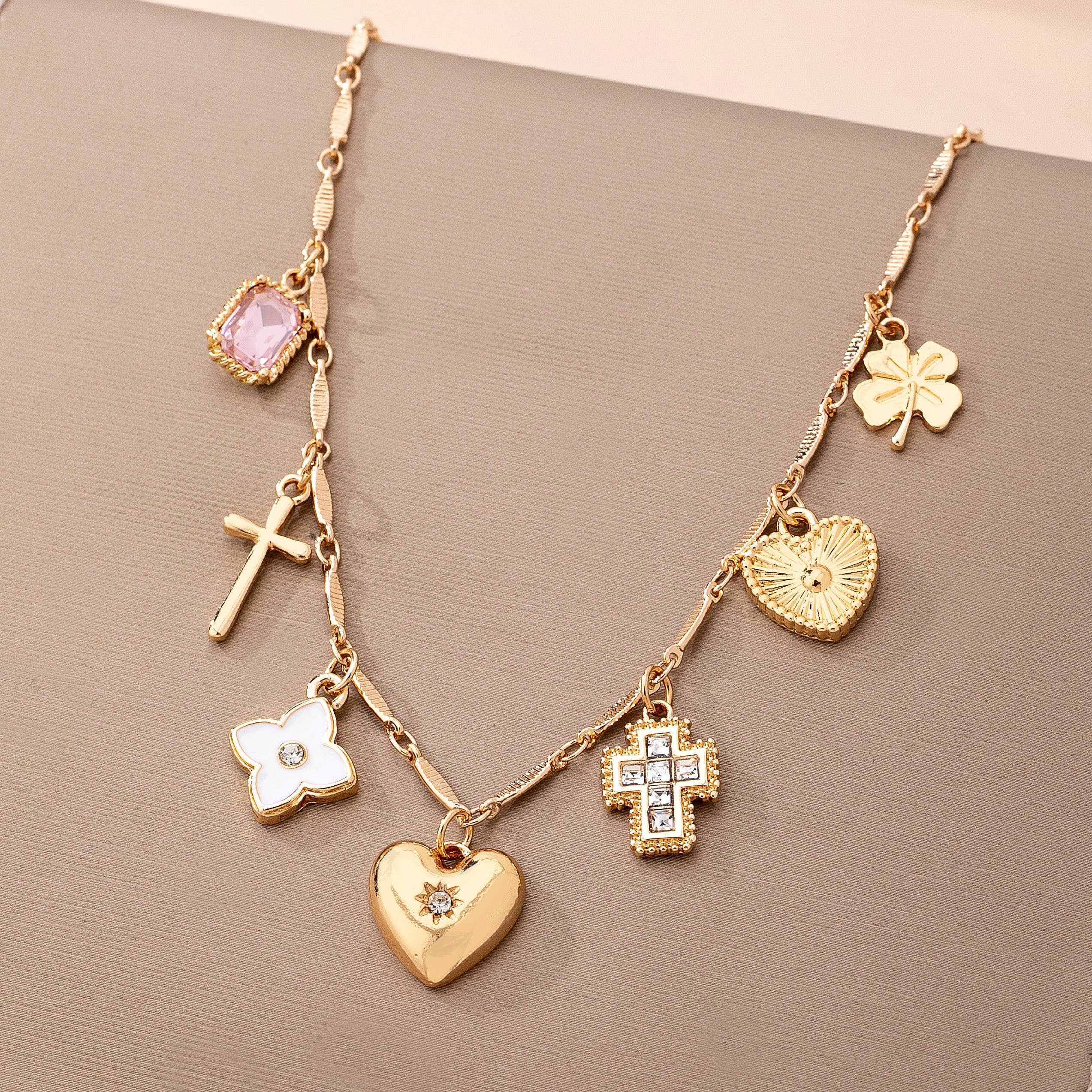 CHARM NECKLACE-crosses hearts flowers clovers