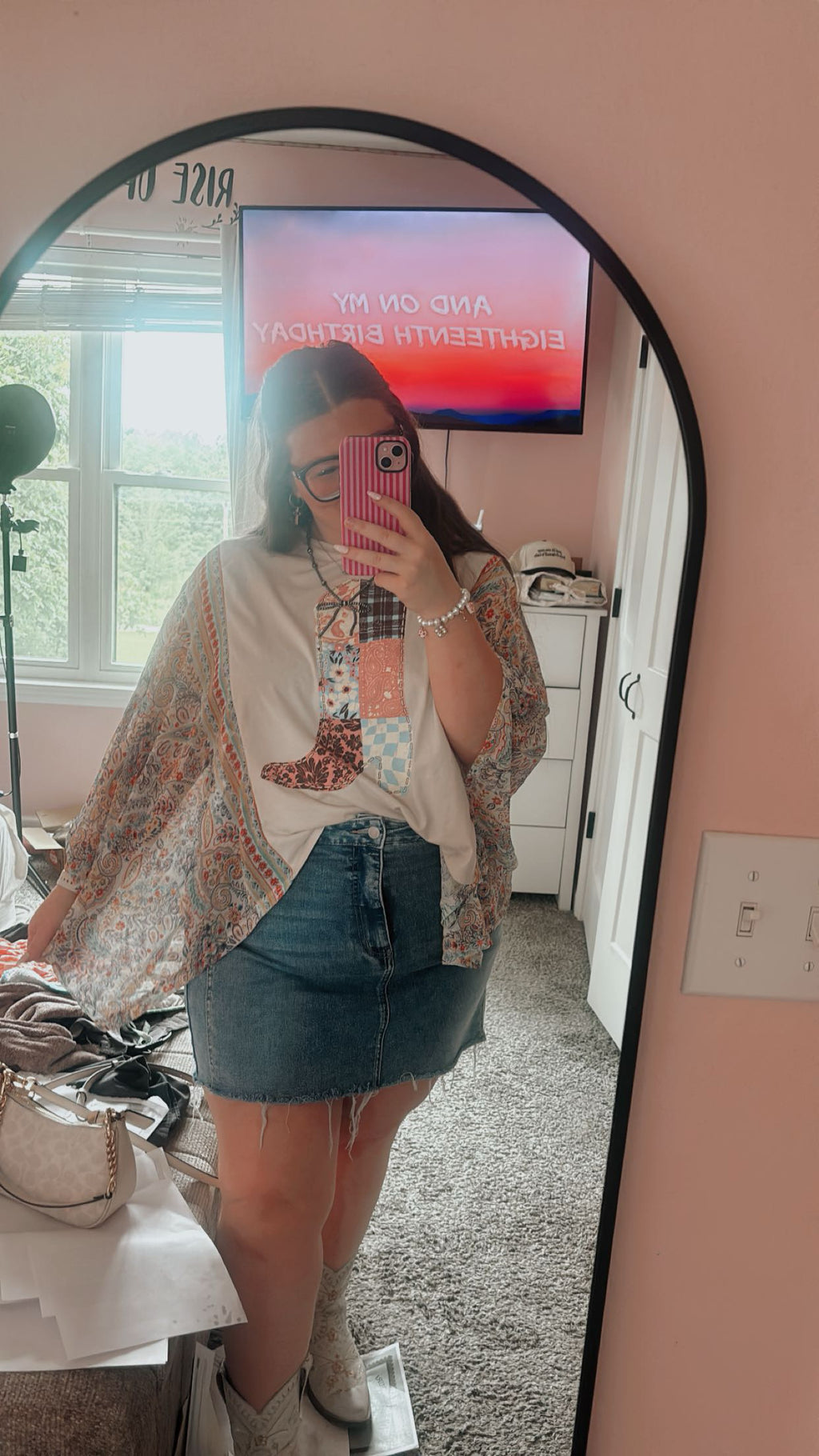 Quilted Cowboy Boots Graphic Boho Sheer Kaftan Top