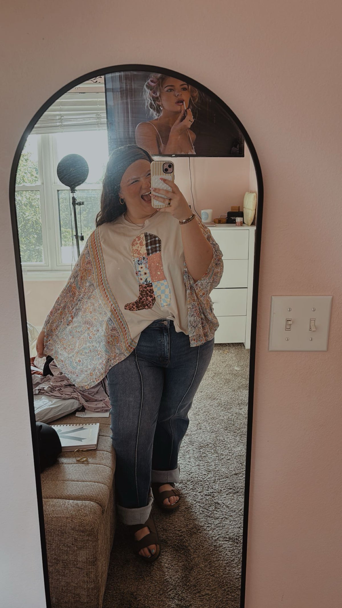 Quilted Cowboy Boots Graphic Boho Sheer Kaftan Top