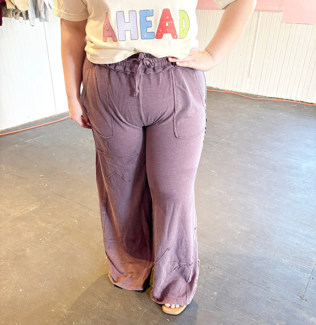 Mineral Wash Star Patch And Print Wide Leg Pants