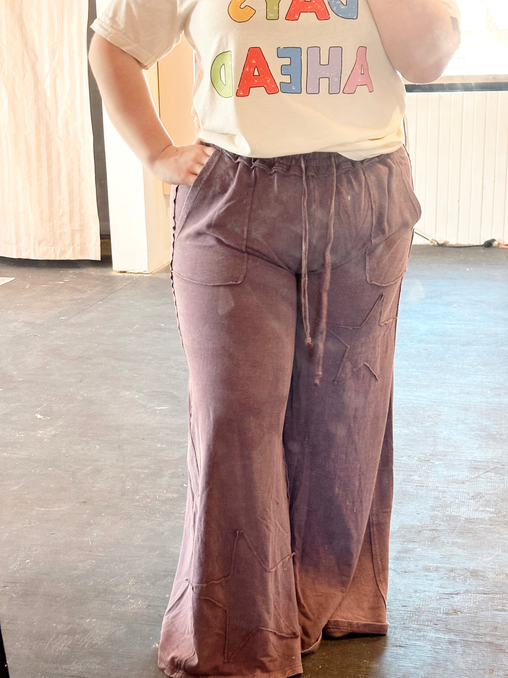 Mineral Wash Star Patch And Print Wide Leg Pants