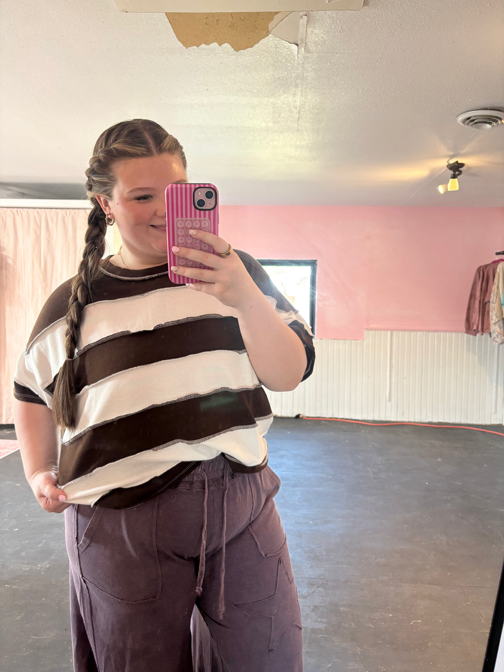 French Terry Striped Exposed Seam Top - Zenana