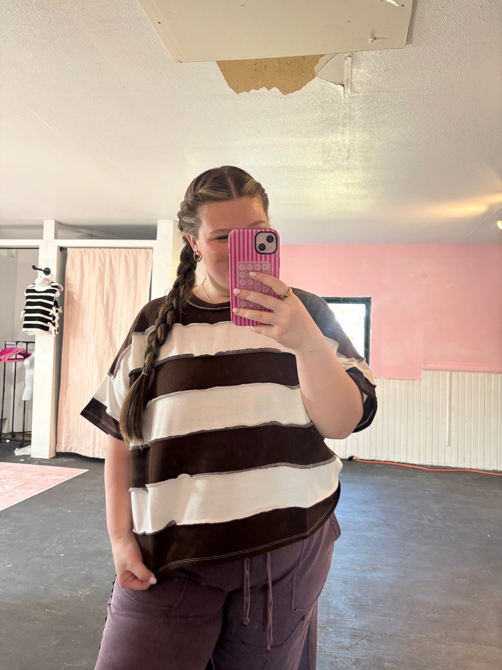 French Terry Striped Exposed Seam Top - Zenana
