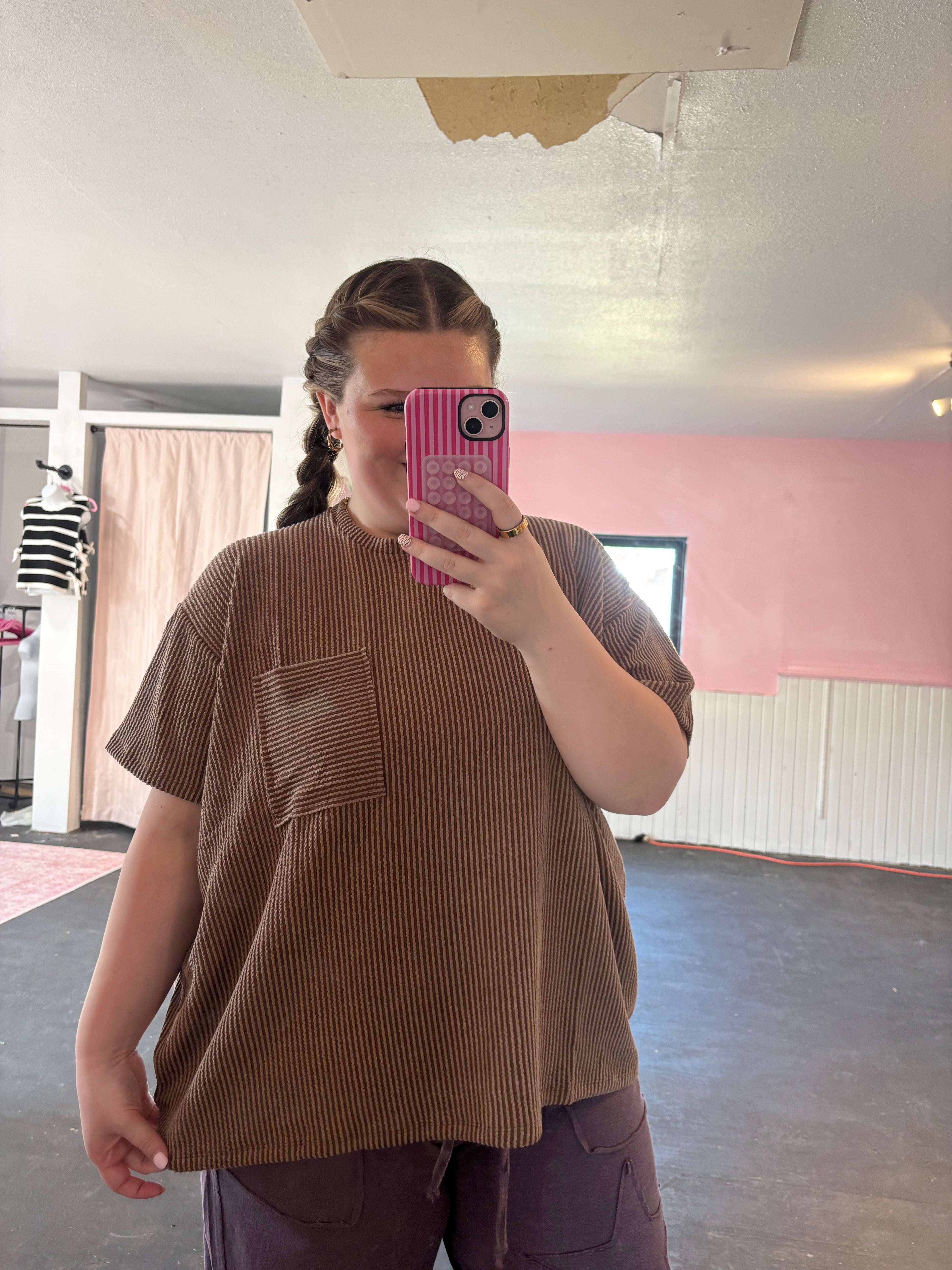 Plus Raised Rib Short Sleeve Front Pocket Top  Zenana
