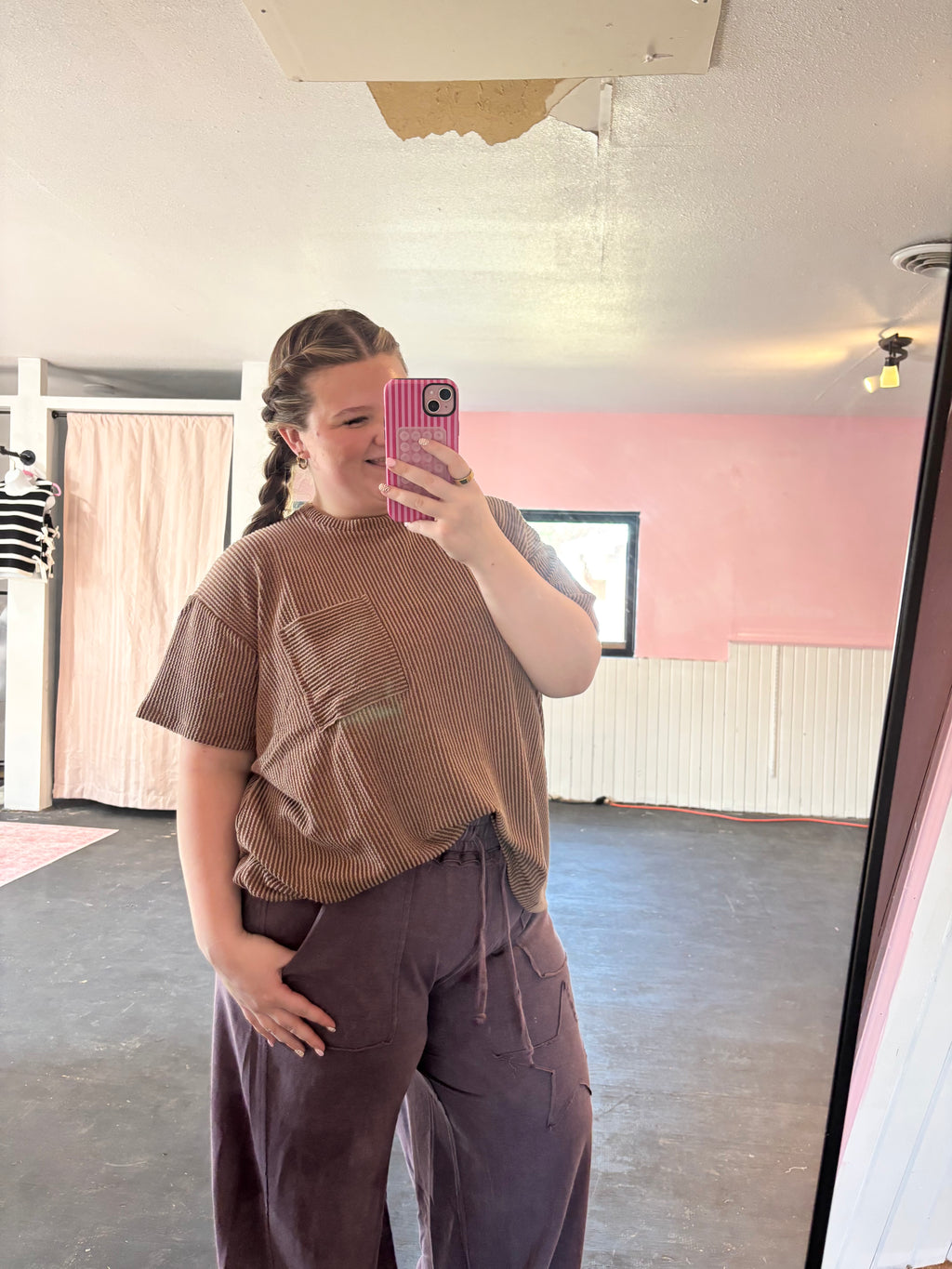 Plus Raised Rib Short Sleeve Front Pocket Top  Zenana