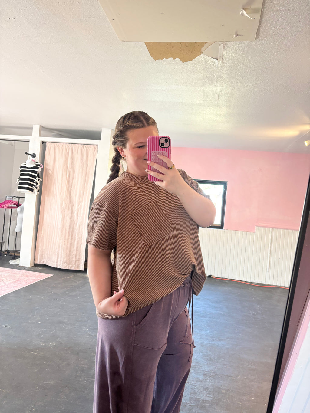 Plus Raised Rib Short Sleeve Front Pocket Top  Zenana