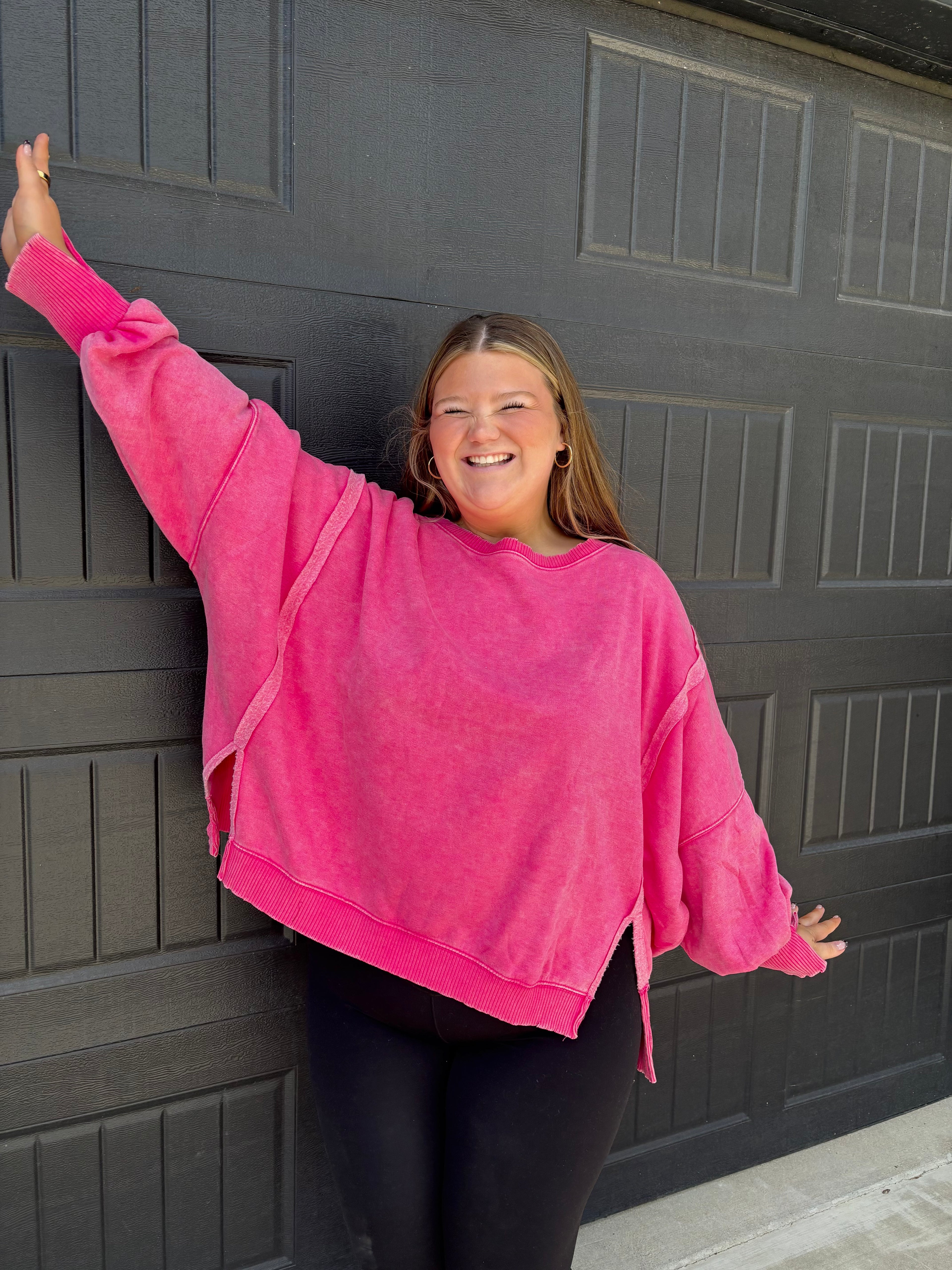 Plus Acid Washed Batwing Sleeve Hi Low Fleece Sweatshirt
