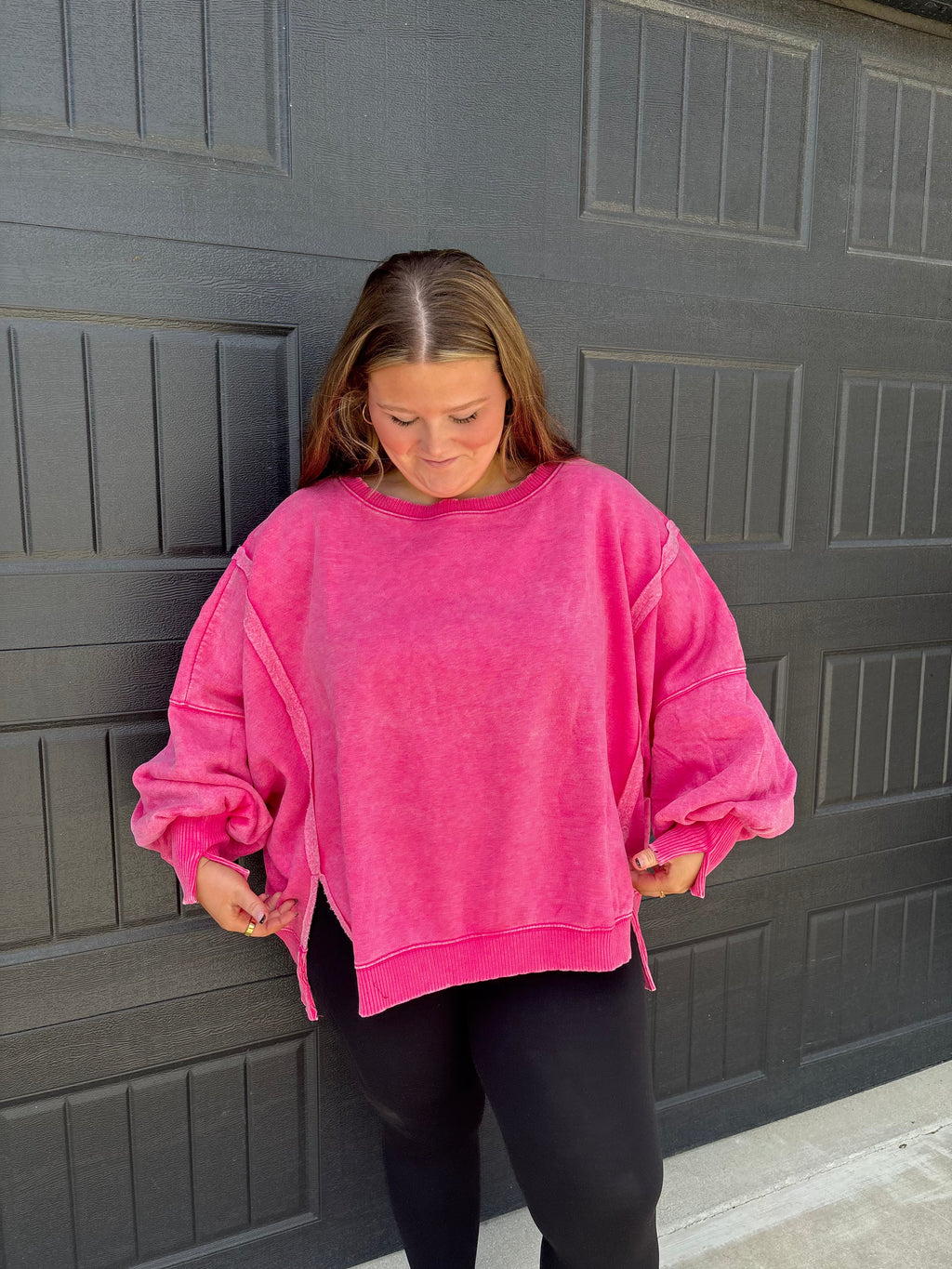 Plus Acid Washed Batwing Sleeve Hi Low Fleece Sweatshirt