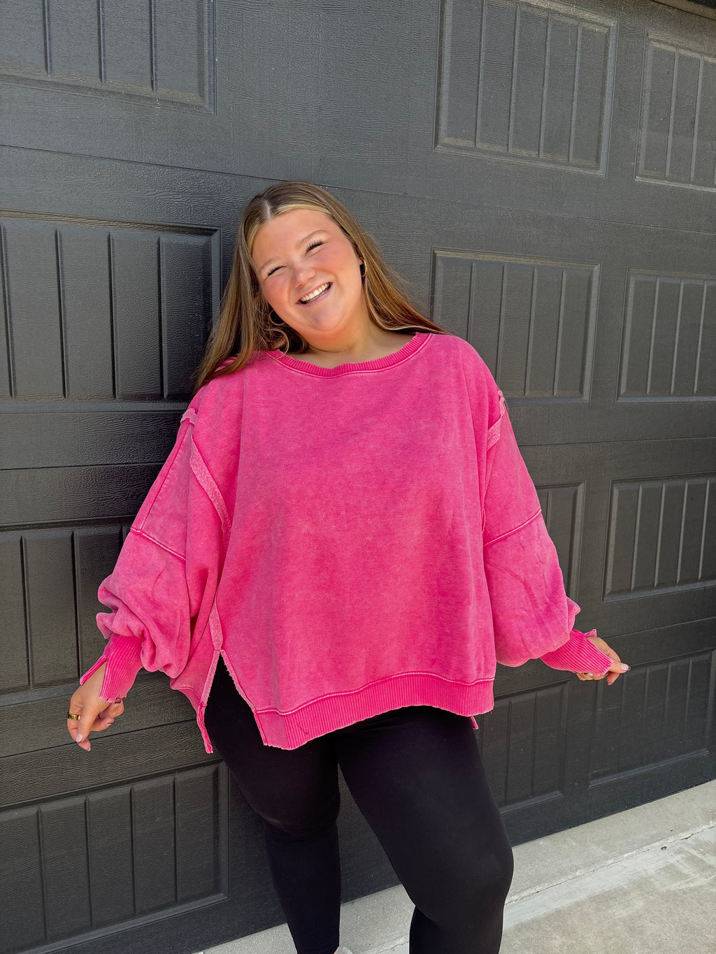 Plus Acid Washed Batwing Sleeve Hi Low Fleece Sweatshirt