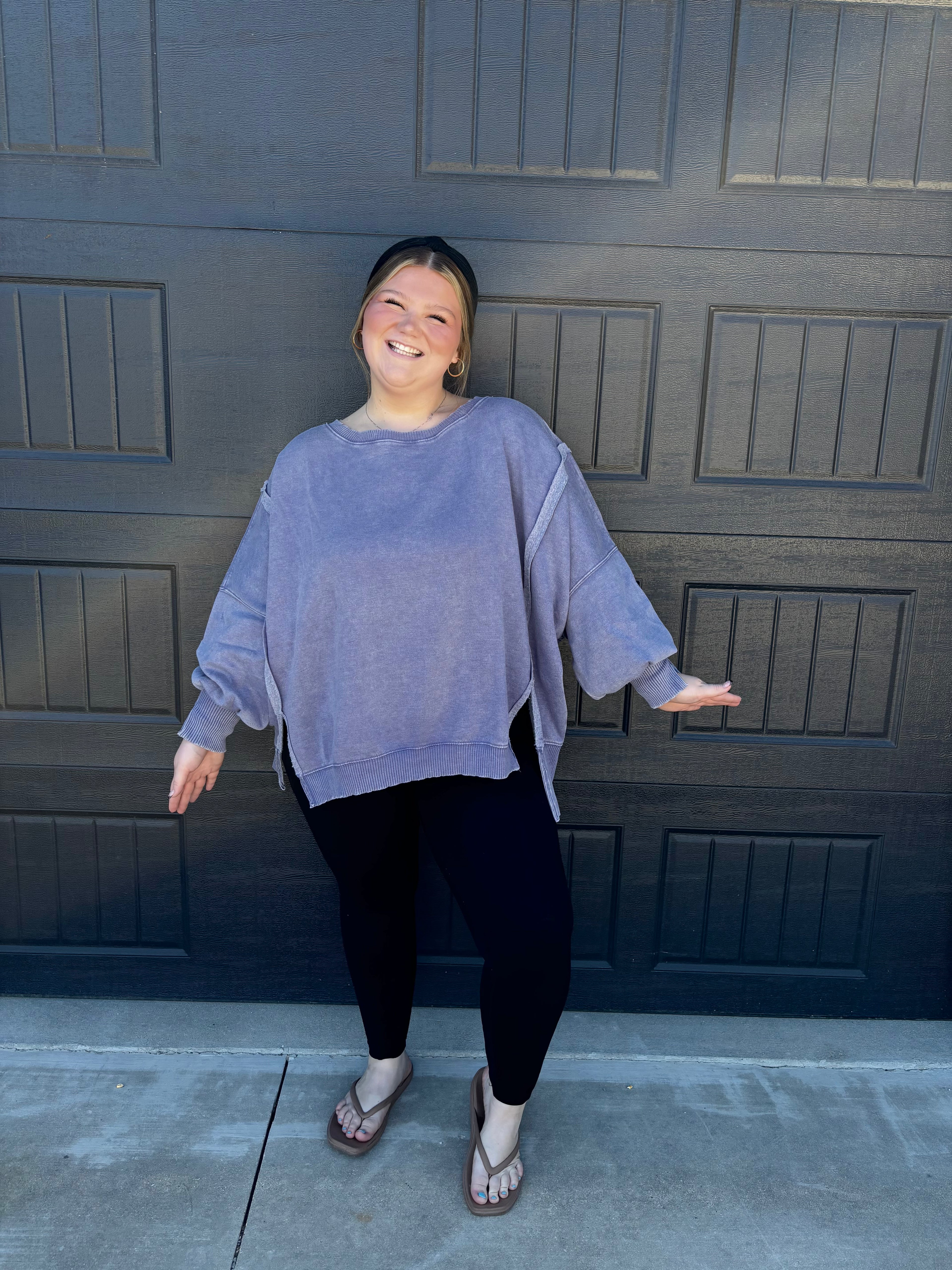 Plus Acid Washed Batwing Sleeve Hi Low Fleece Sweatshirt