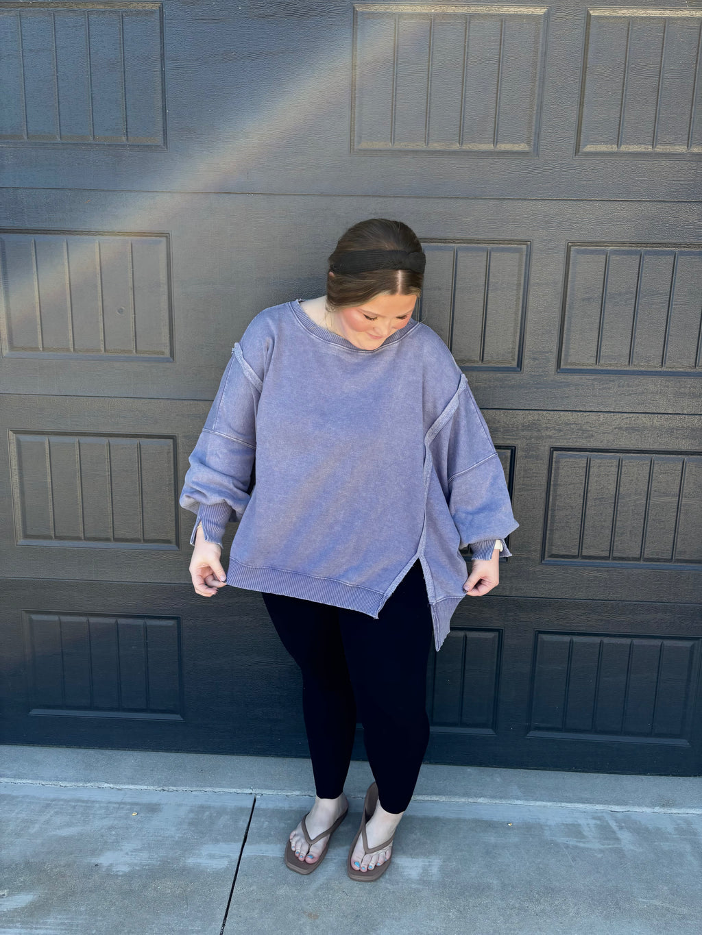 Plus Acid Washed Batwing Sleeve Hi Low Fleece Sweatshirt