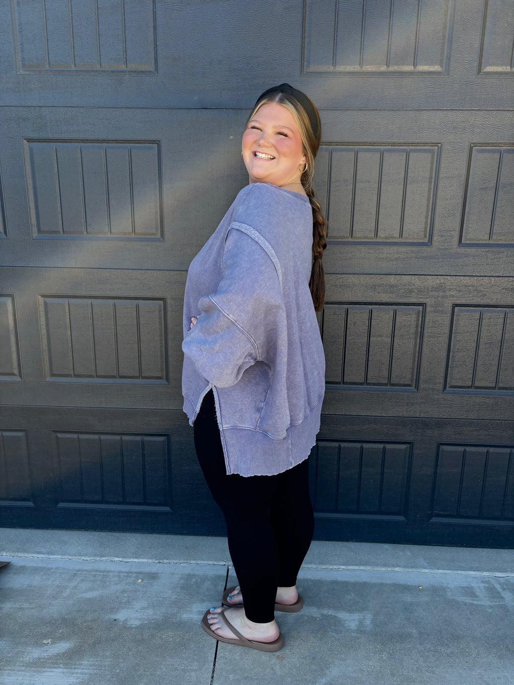 Plus Acid Washed Batwing Sleeve Hi Low Fleece Sweatshirt
