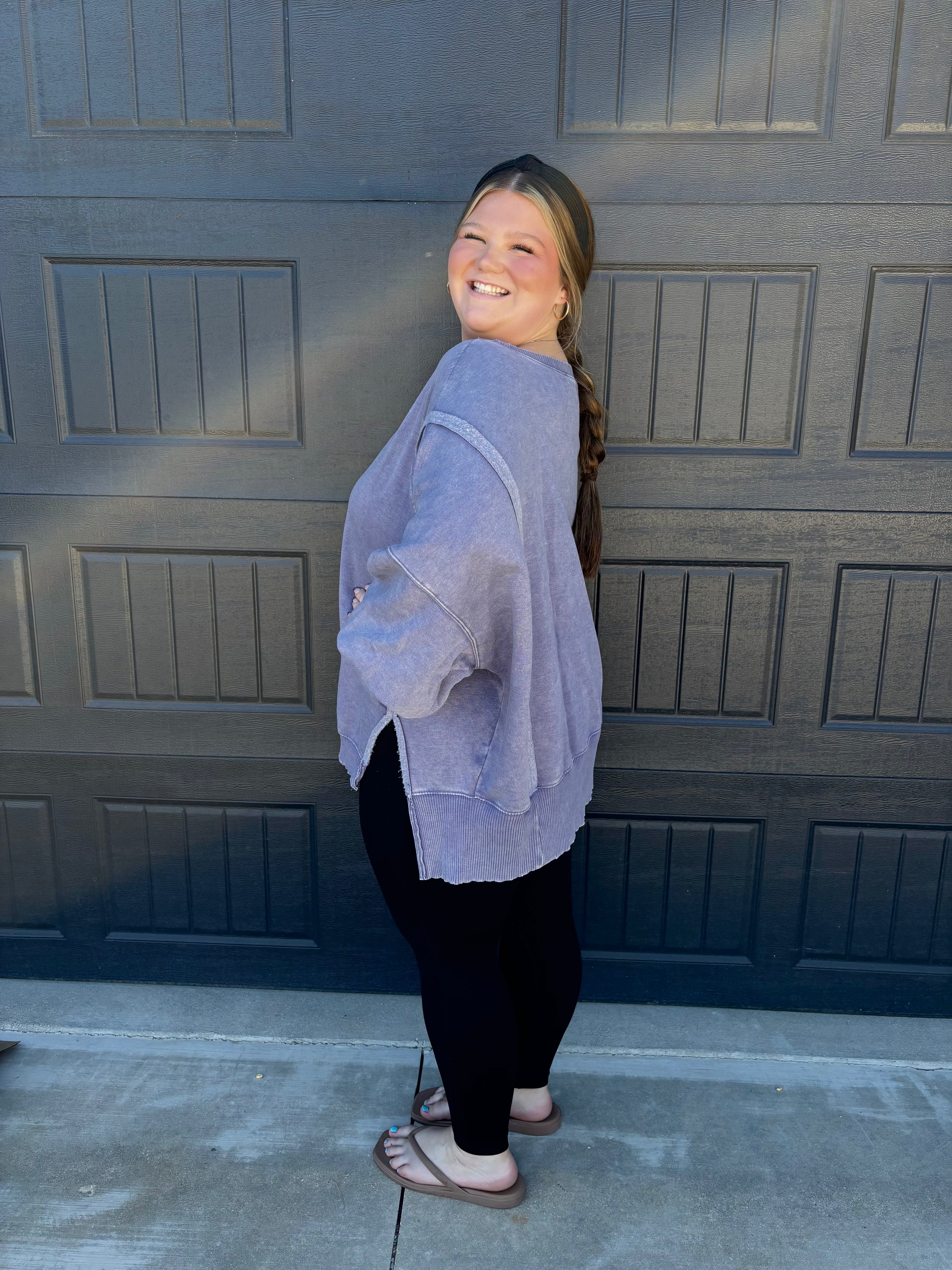 Plus Acid Washed Batwing Sleeve Hi Low Fleece Sweatshirt