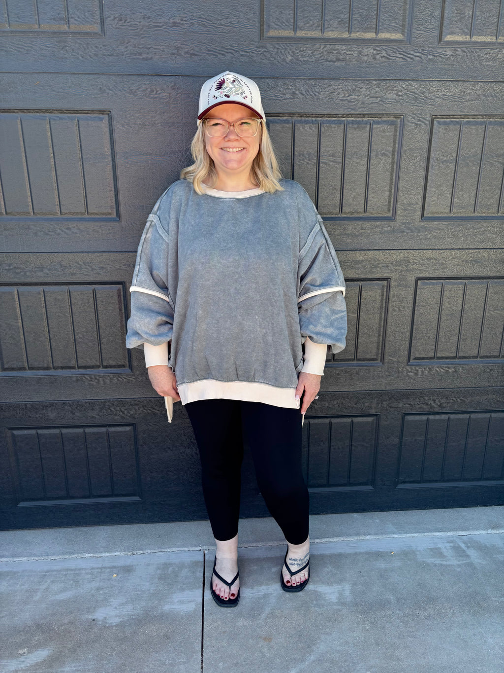 Plus Fleece Acid Washed Contrast Trim Balloon Sleeve Sweatsh