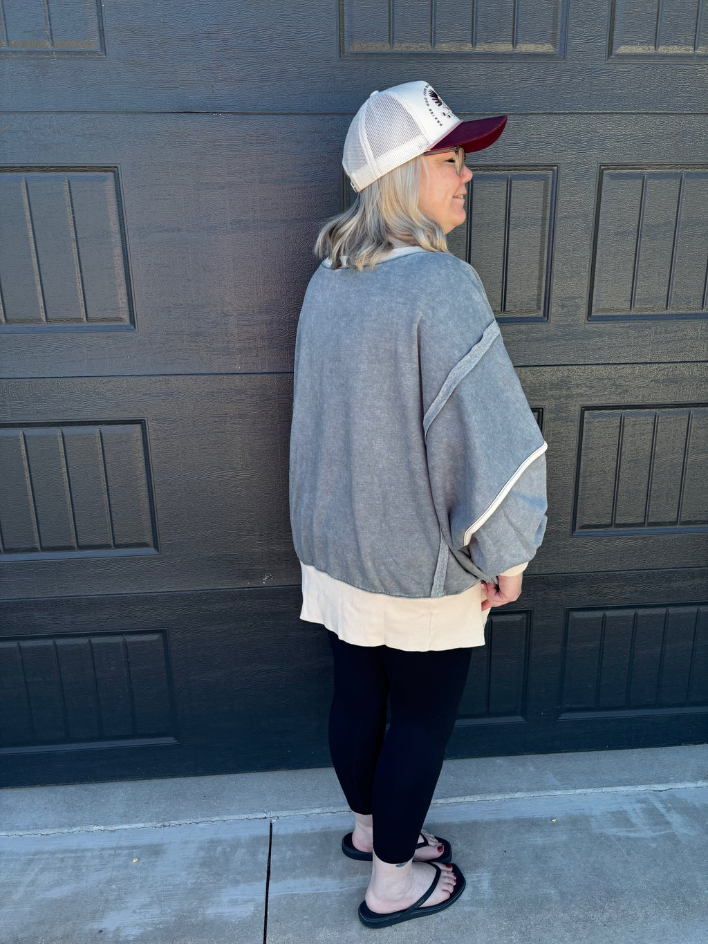 Plus Fleece Acid Washed Contrast Trim Balloon Sleeve Sweatsh