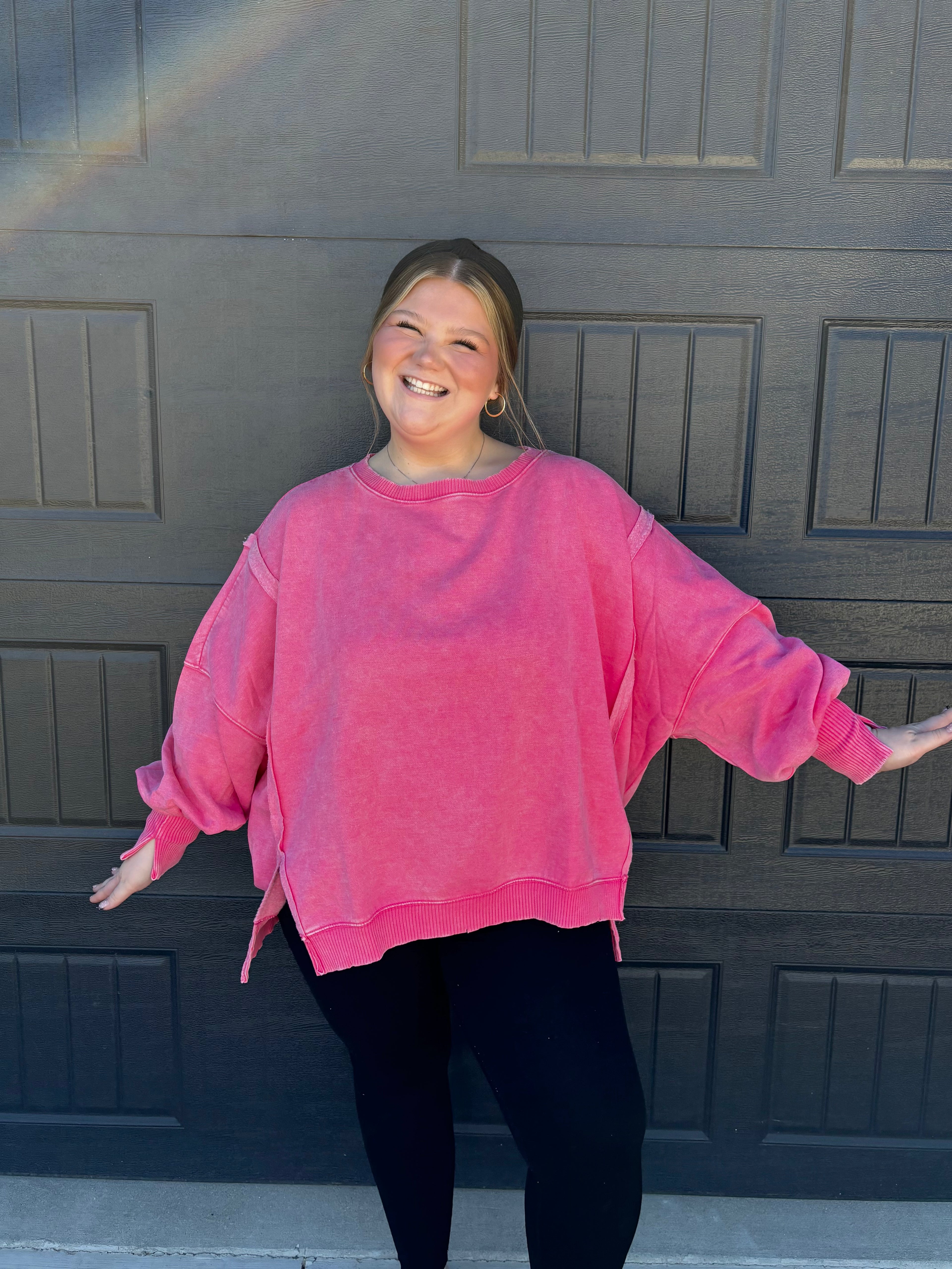 Plus Acid Washed Batwing Sleeve Hi Low Fleece Sweatshirt