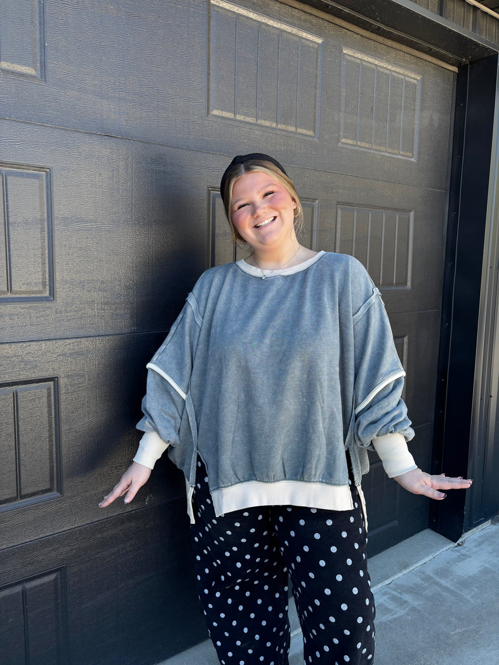 Plus Fleece Acid Washed Contrast Trim Balloon Sleeve Sweatsh