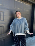 Plus Fleece Acid Washed Contrast Trim Balloon Sleeve Sweatsh