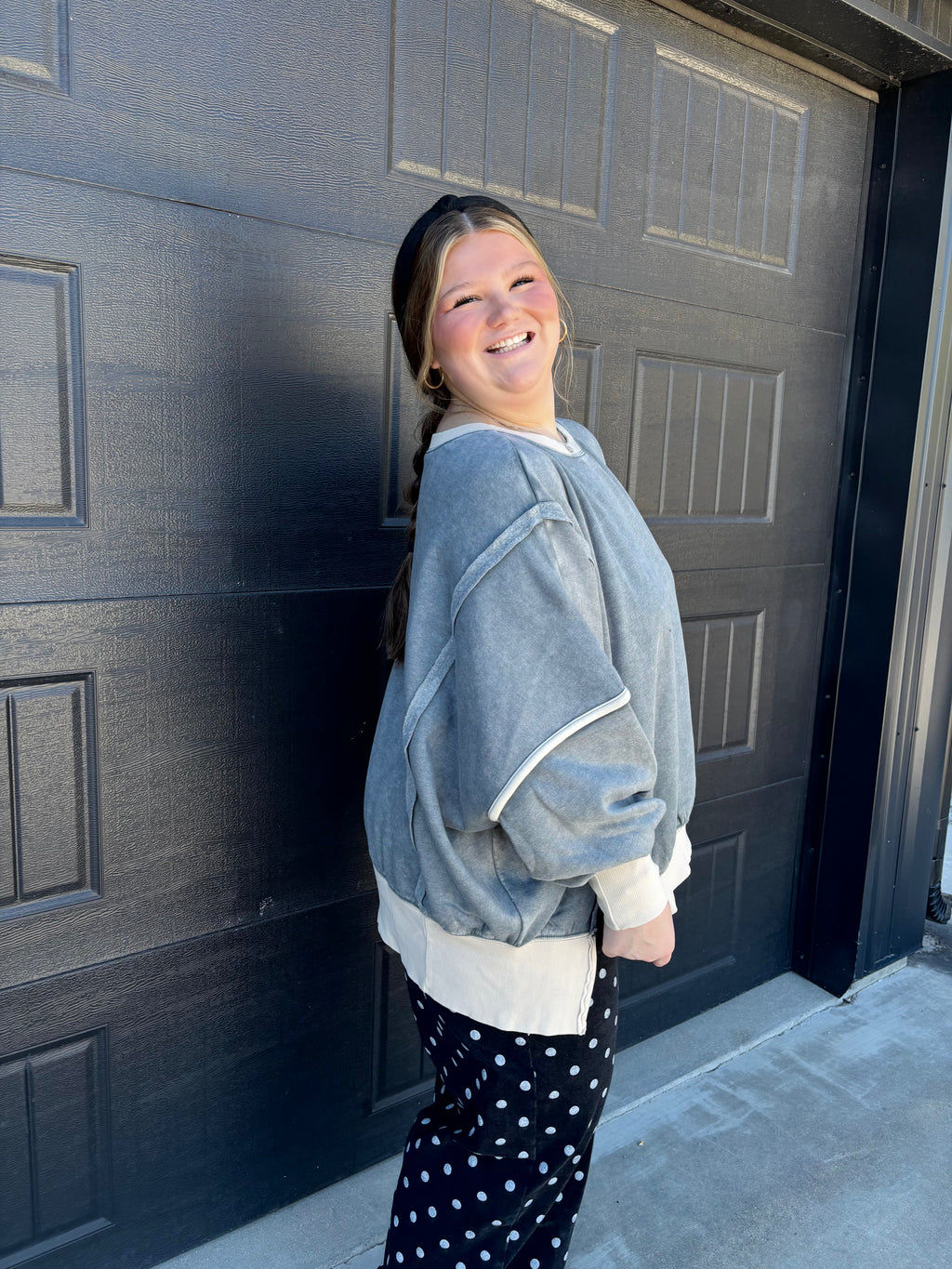 Plus Fleece Acid Washed Contrast Trim Balloon Sleeve Sweatsh