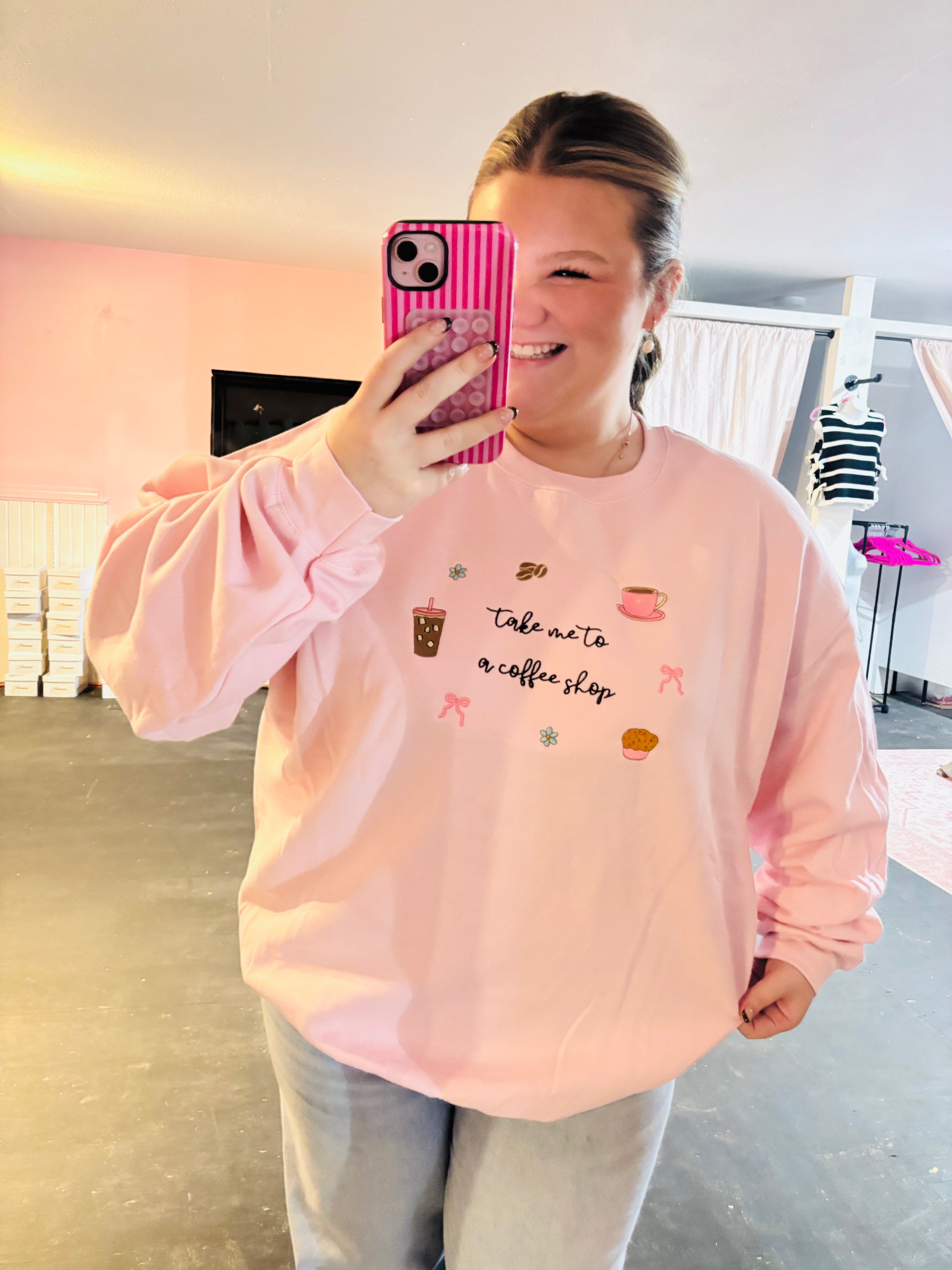 Take me to the Coffee Shop  Embroidered Sweatshirt