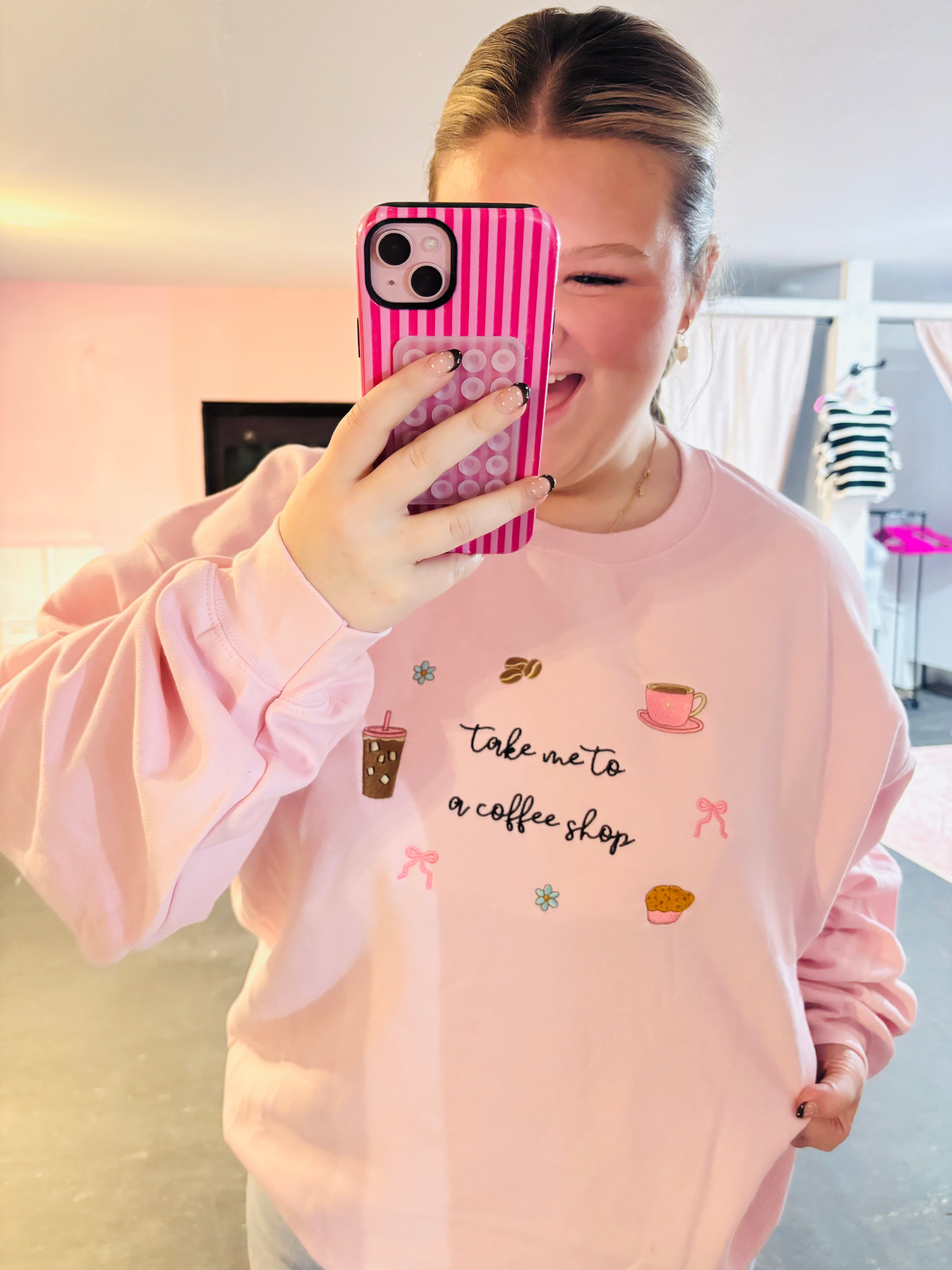 Take me to the Coffee Shop  Embroidered Sweatshirt