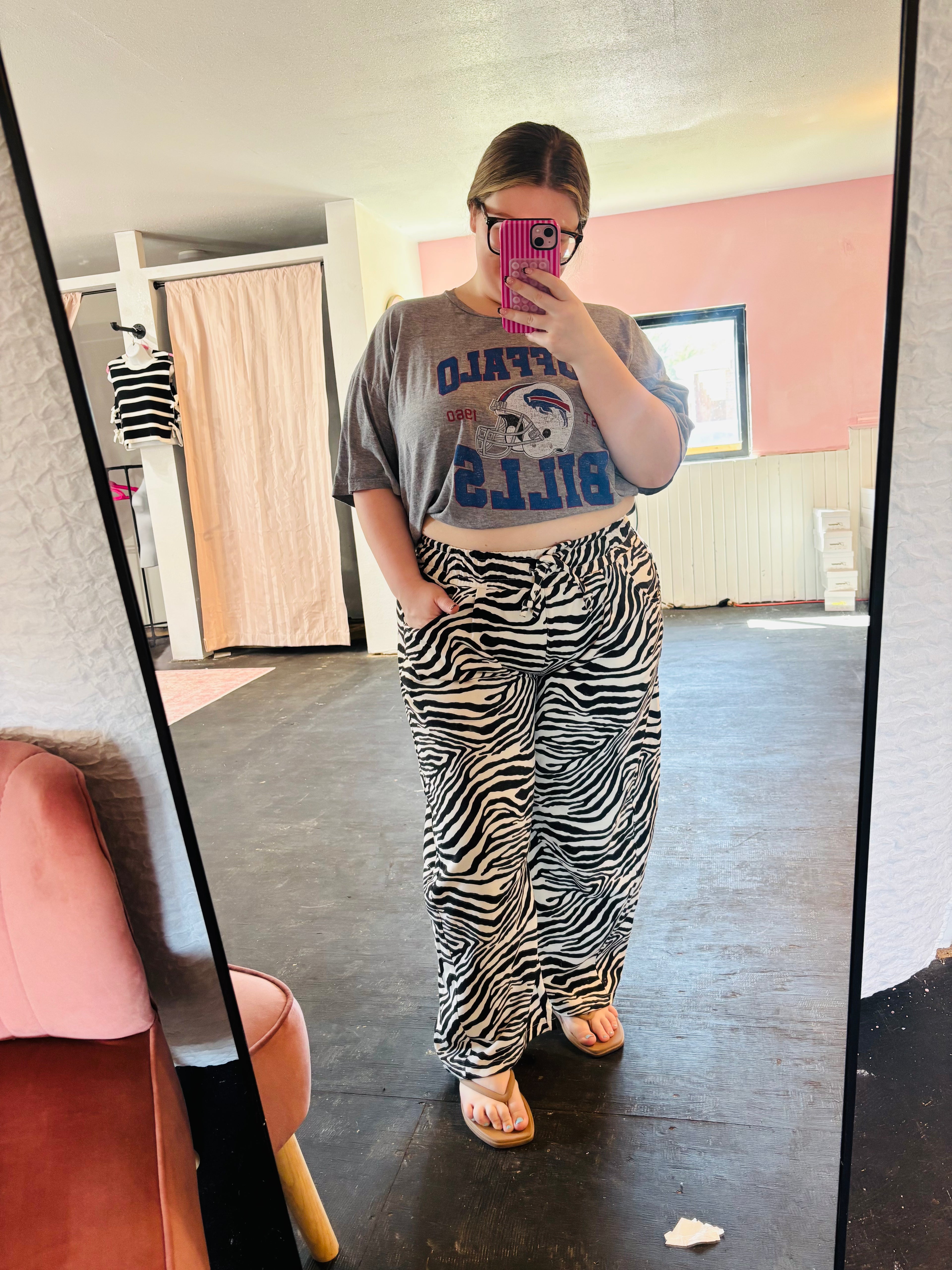 ZEBRA PRINT PULL-ON BARREL LEG PANTS