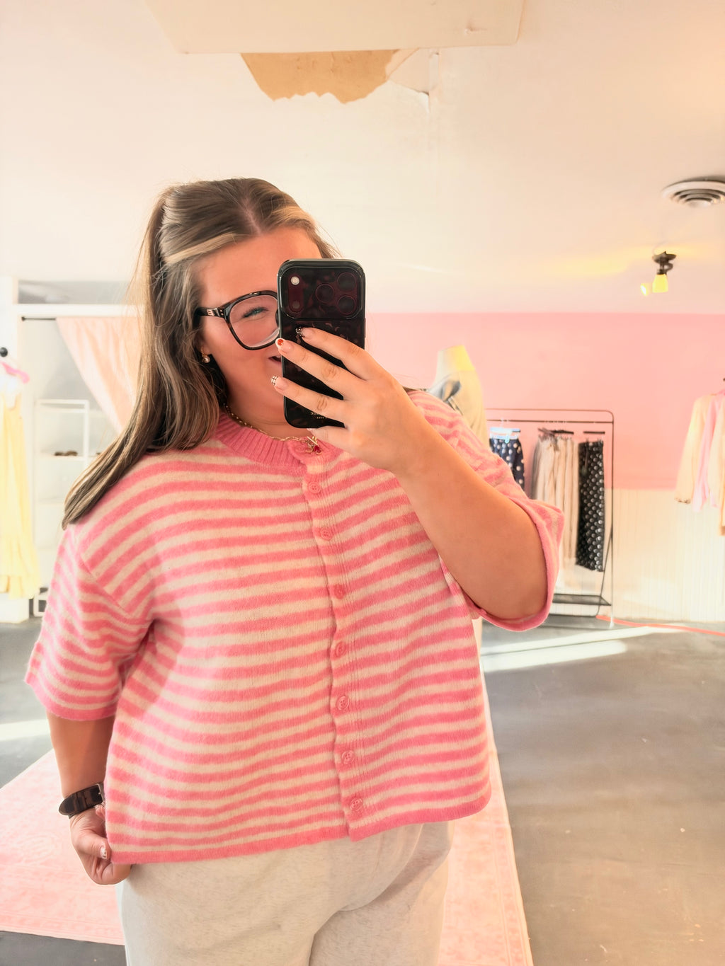 Striped Wool Blend Short Sleeve Cardigan Sweater