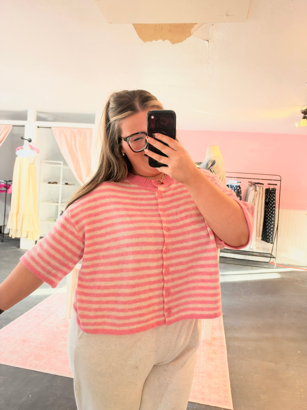 Striped Wool Blend Short Sleeve Cardigan Sweater