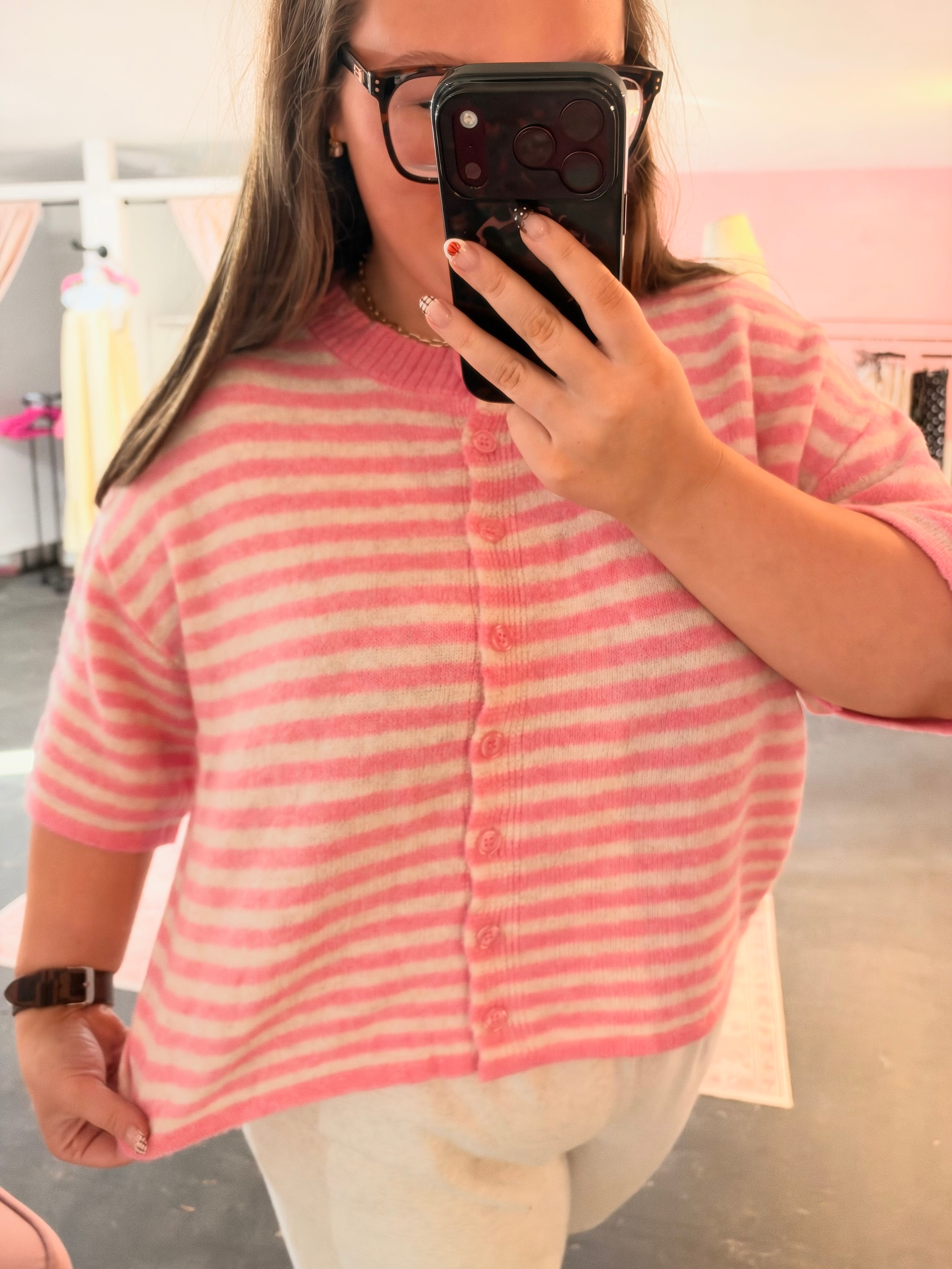 Striped Wool Blend Short Sleeve Cardigan Sweater