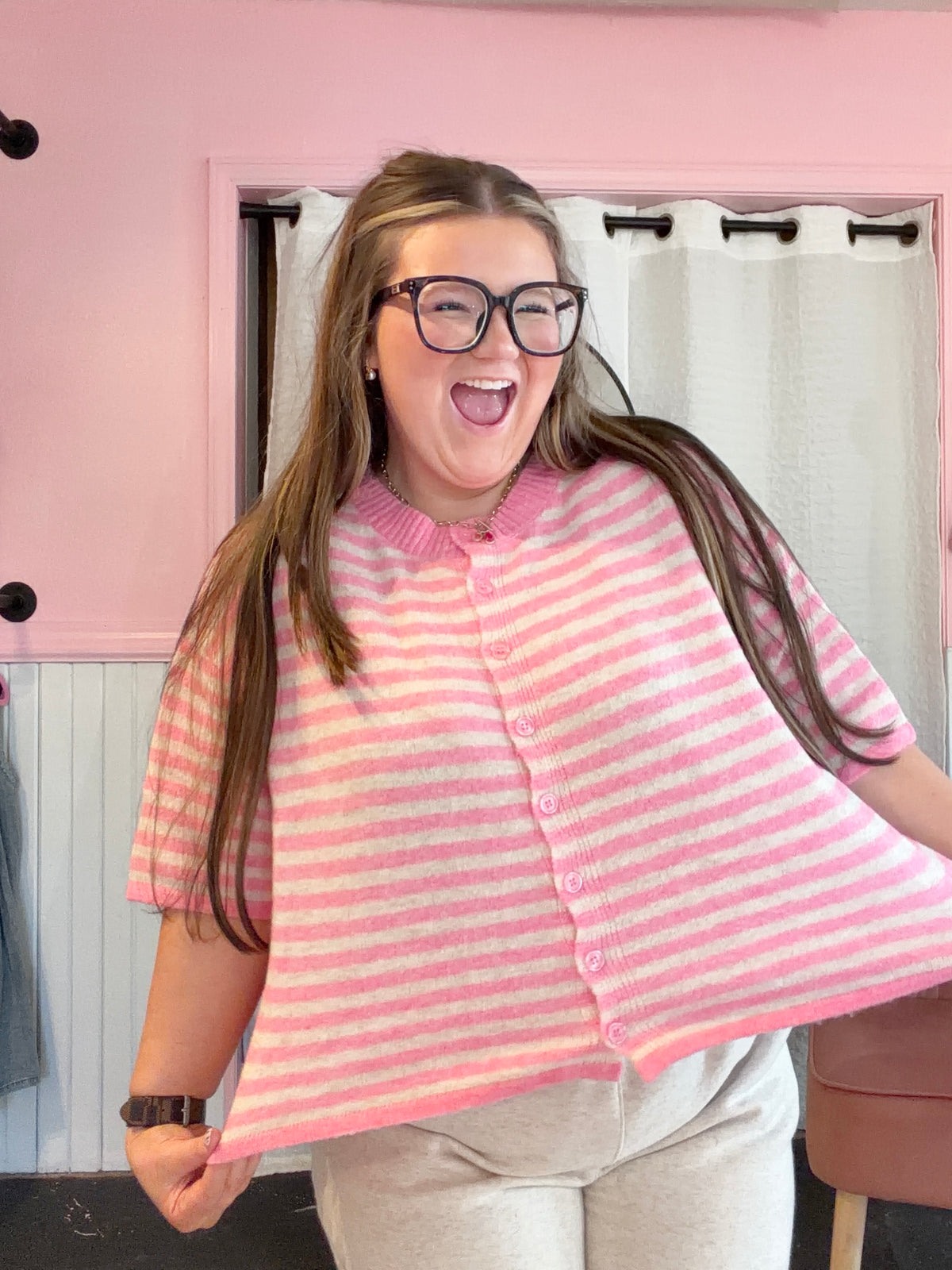 Striped Wool Blend Short Sleeve Cardigan Sweater